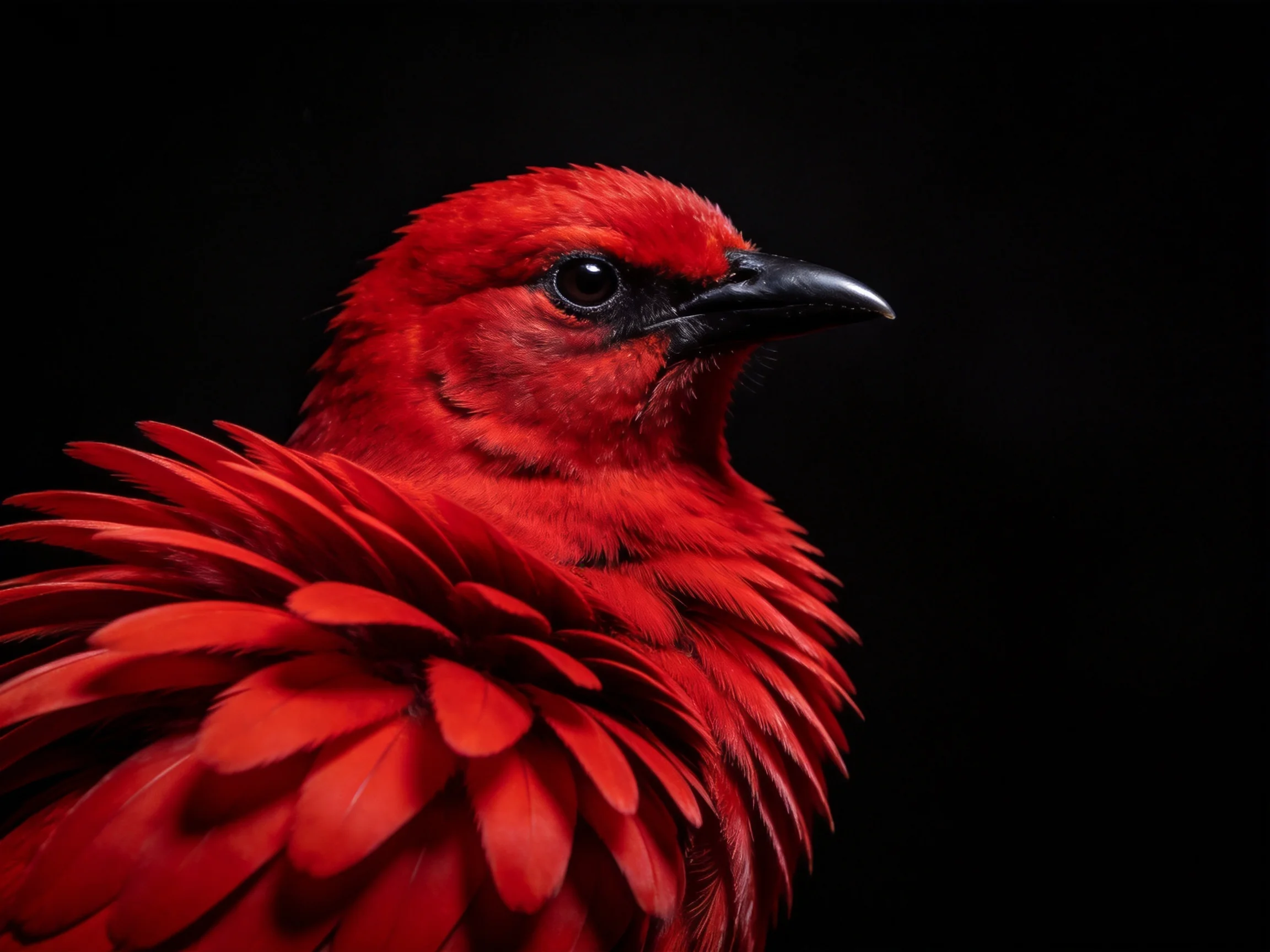A vividly colored red bird photographed against a black background