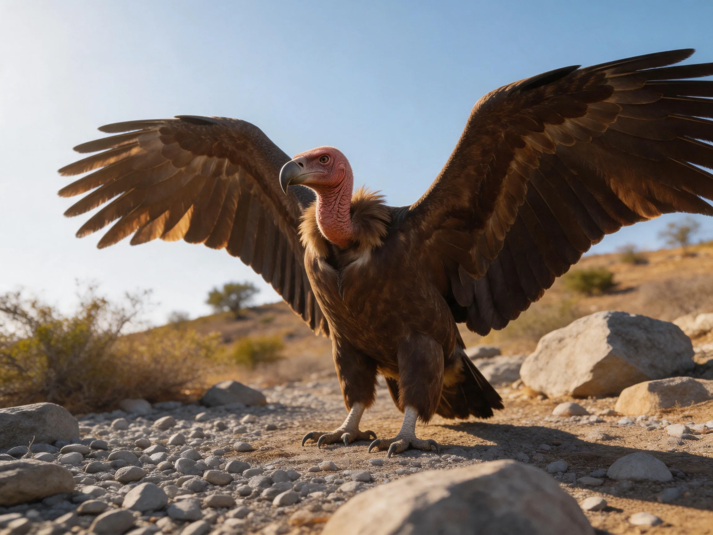 A vulture spreads wide wings over rocky desert terrain