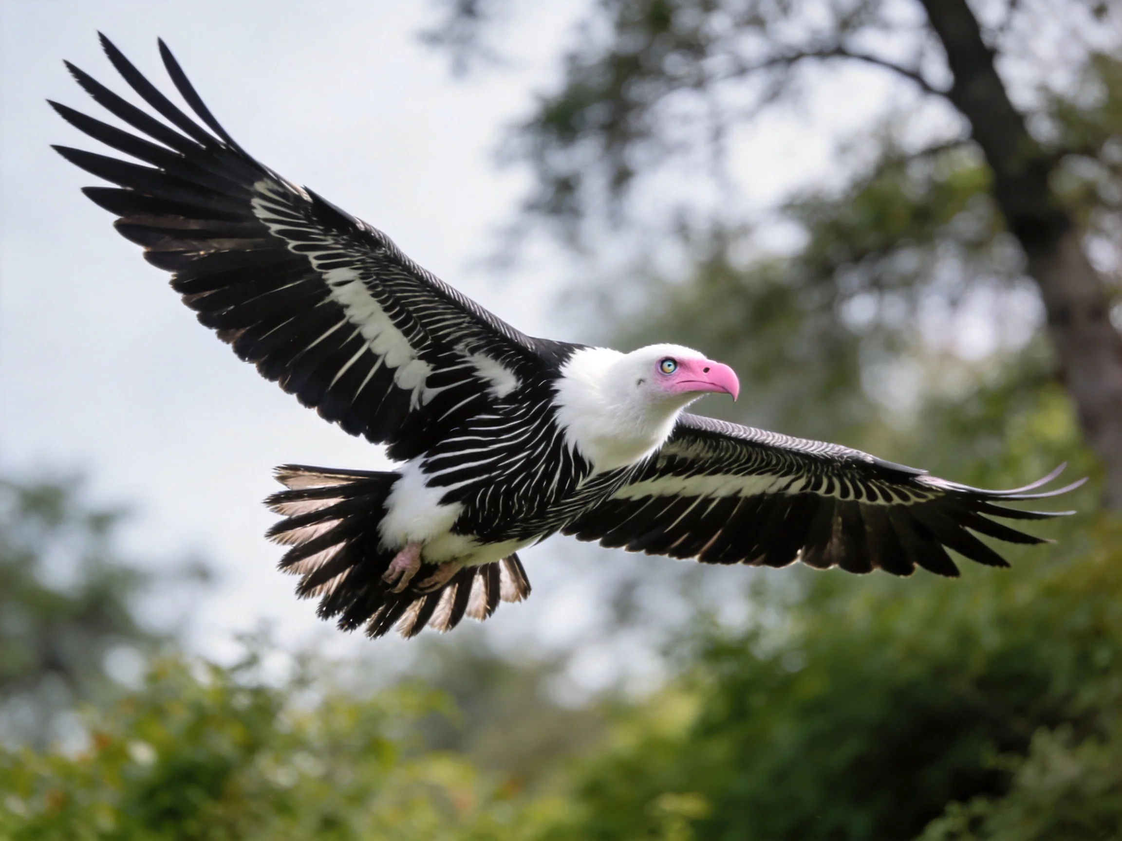 A vulture with black and white wings flies near green trees