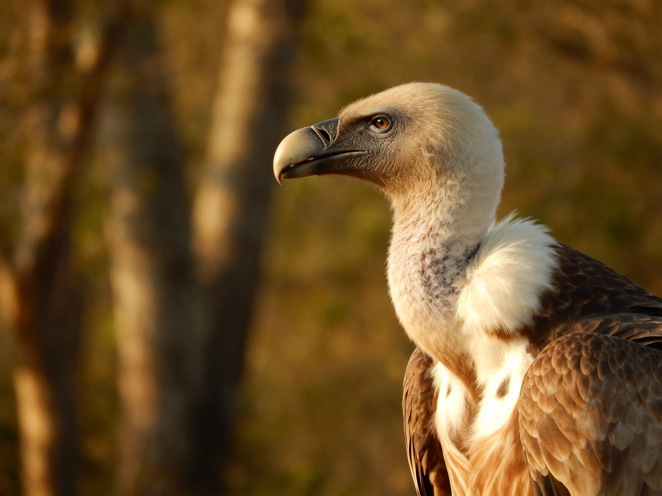 A vulture with white neck feathers near forest trees