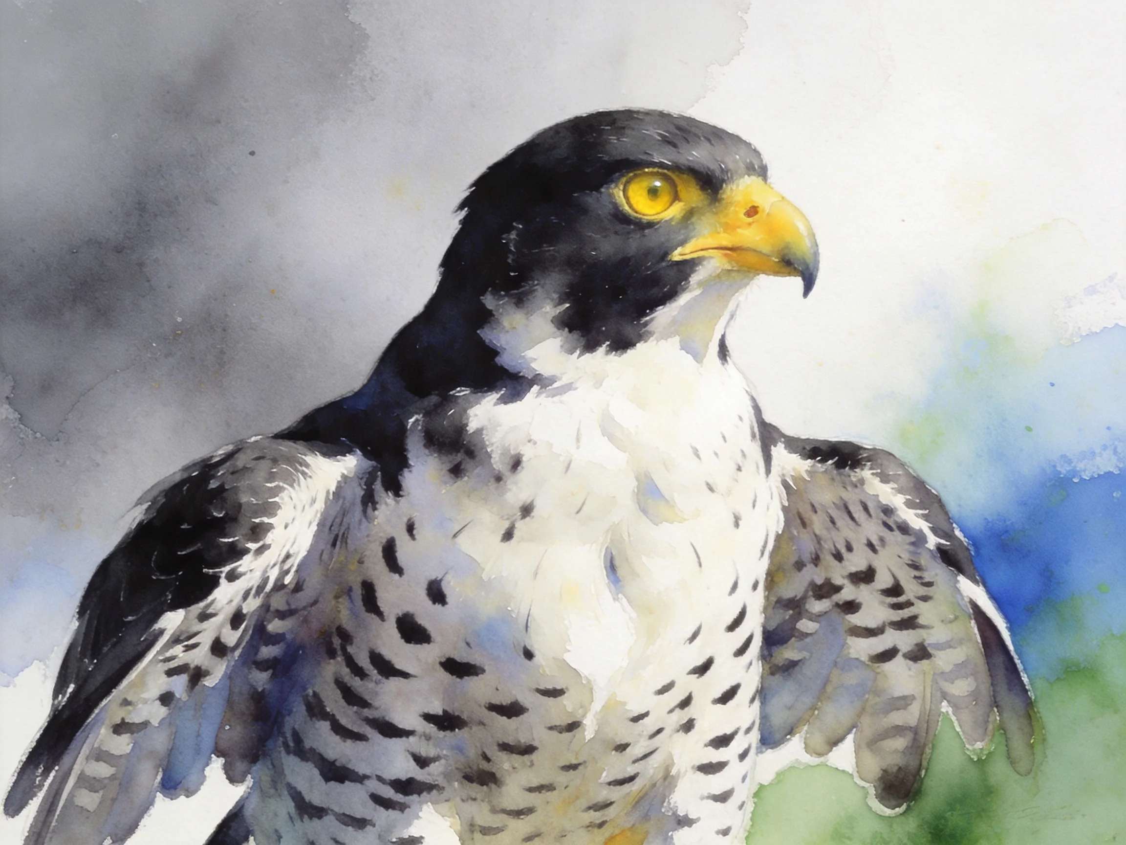 A watercolor painting of a black-headed falcon with yellow beak