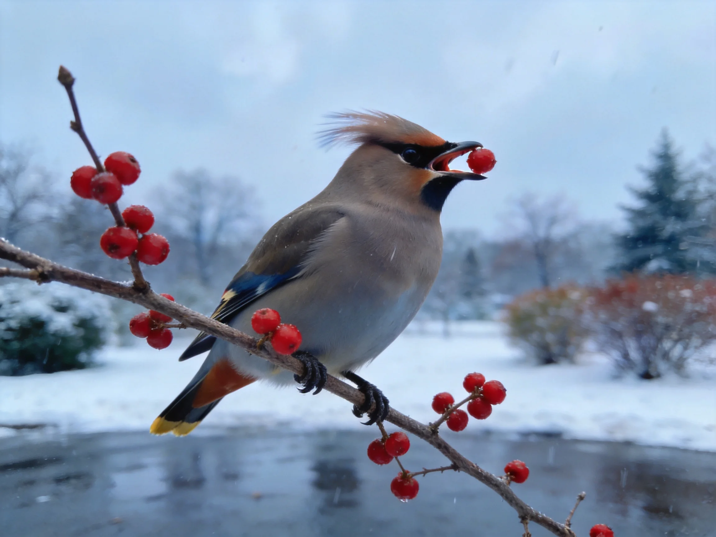 A waxwing perched on a branch with red berries in a snowy landscape