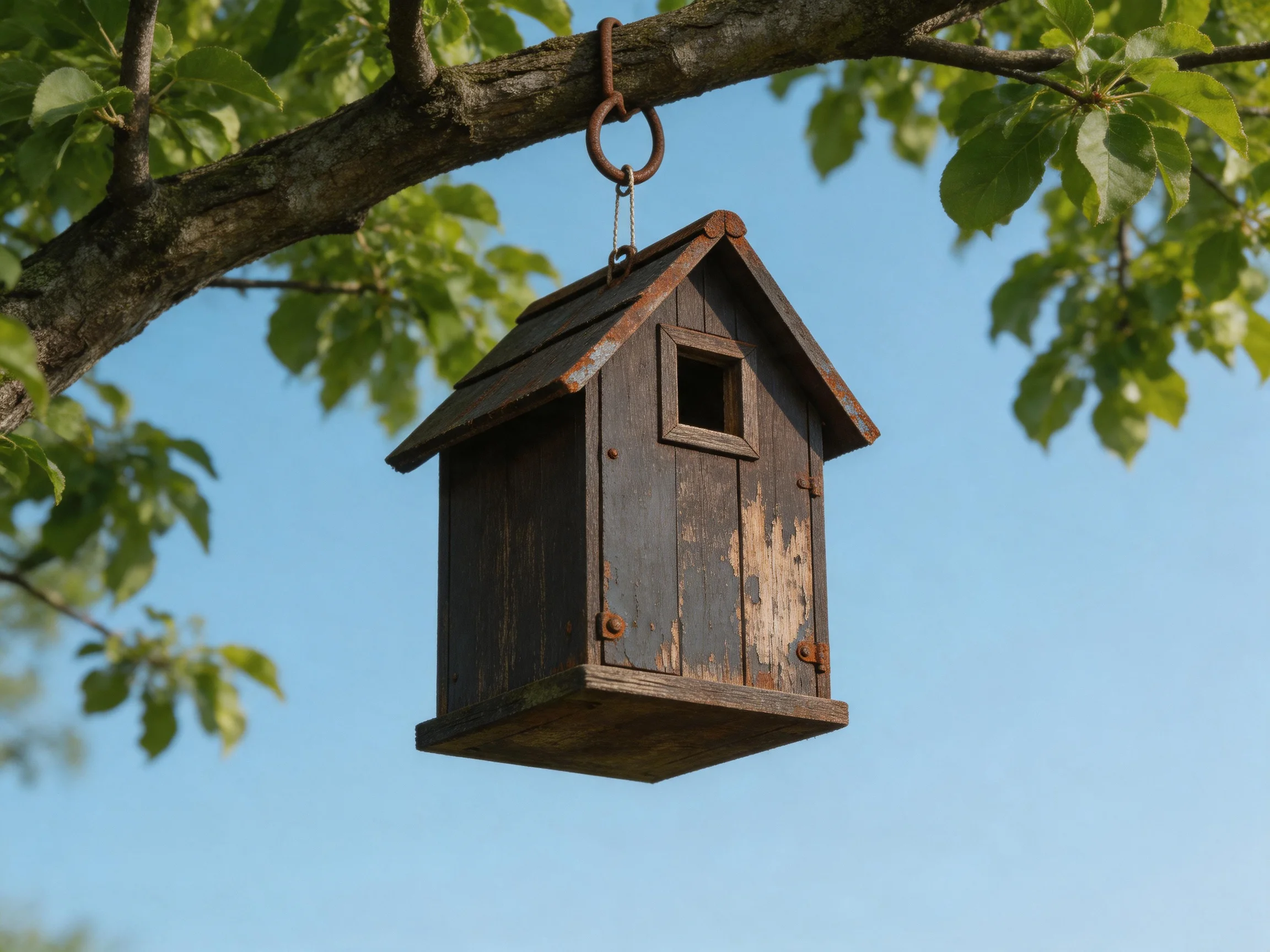 A weathered brown wooden birdhouse hangs from a leafy tree branch