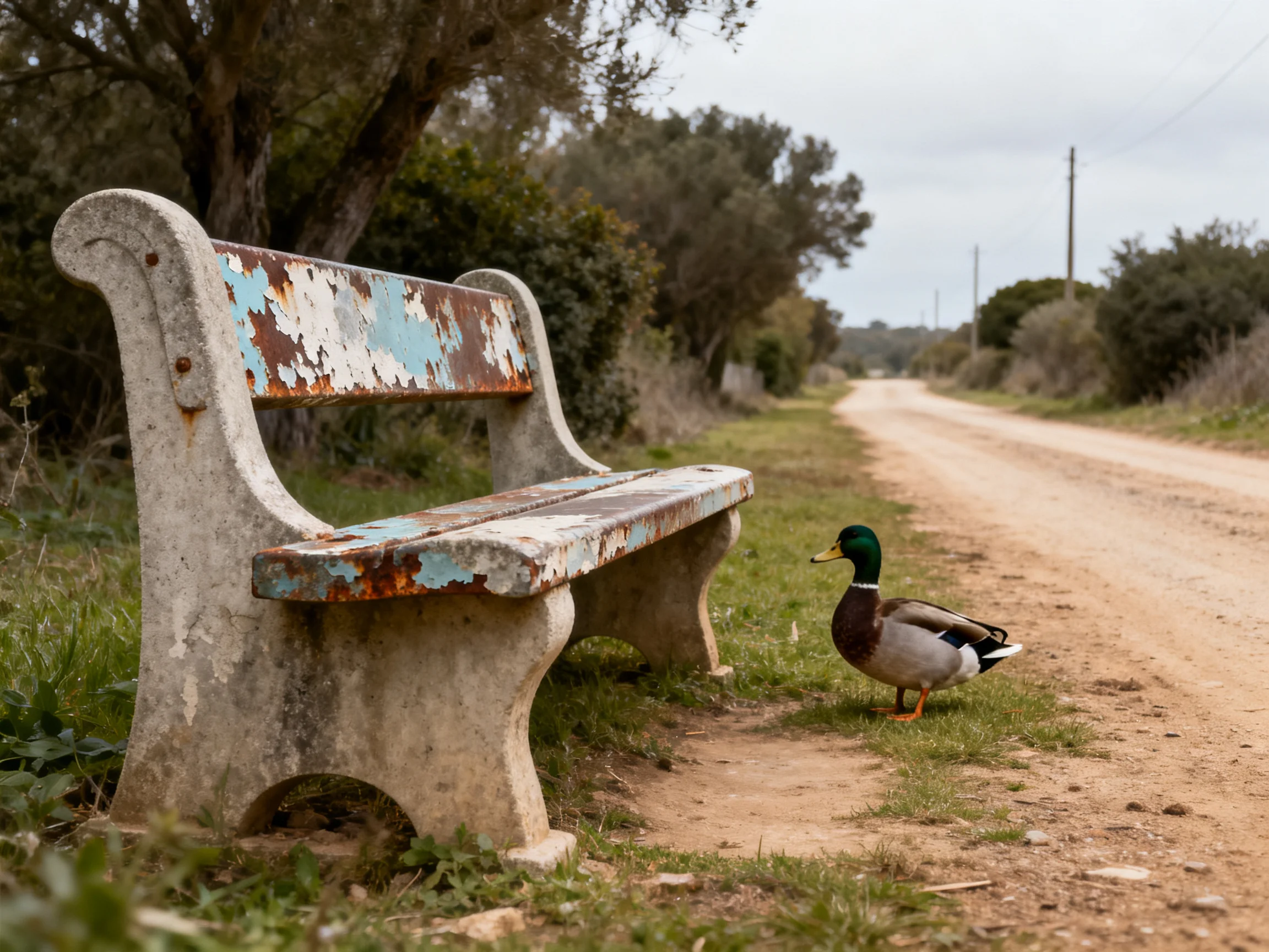 A weathered concrete bench beside a dirt road with a mallard duck nearby