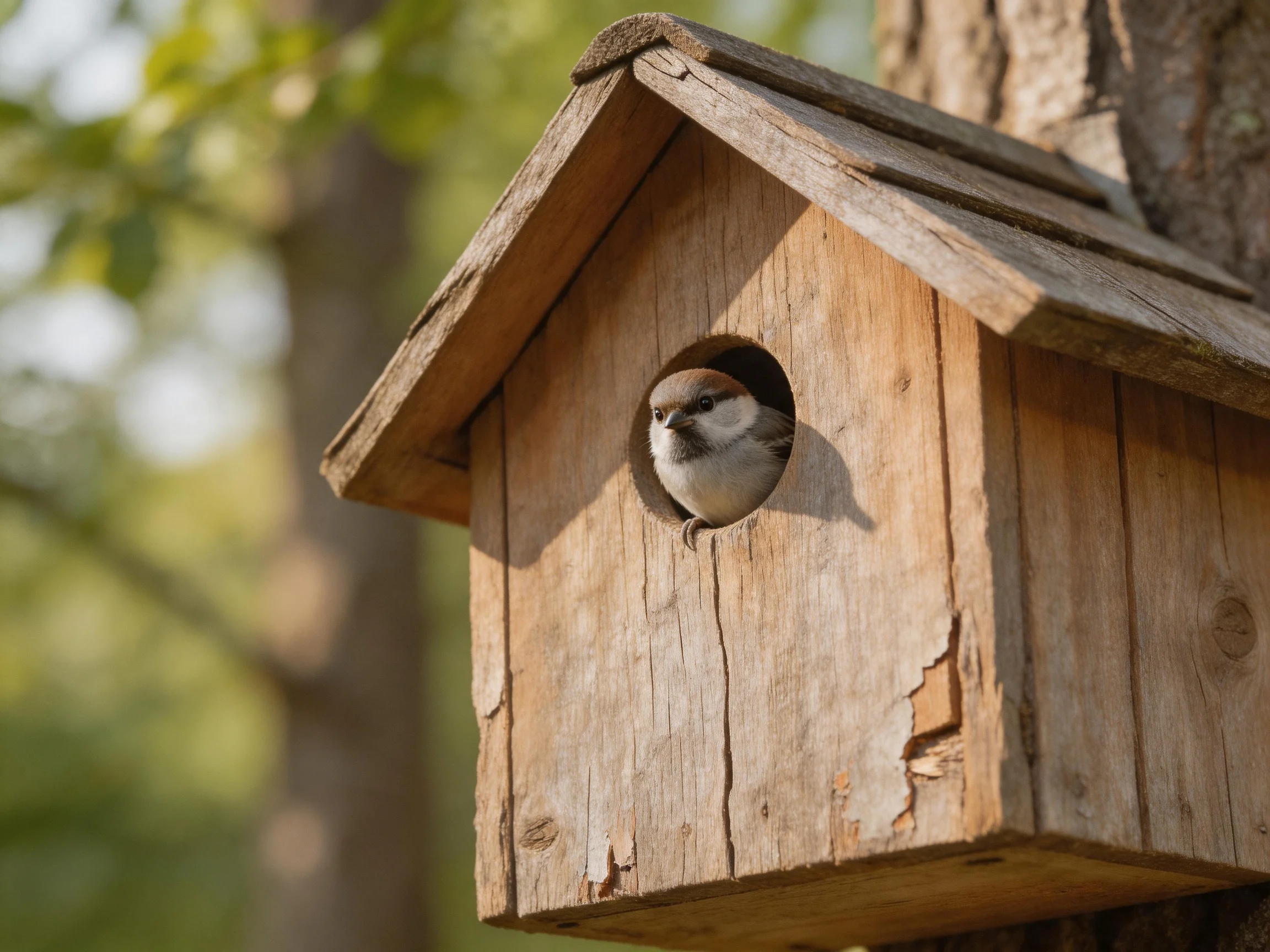 A weathered wooden birdhouse with a small brown-spotted sparrow