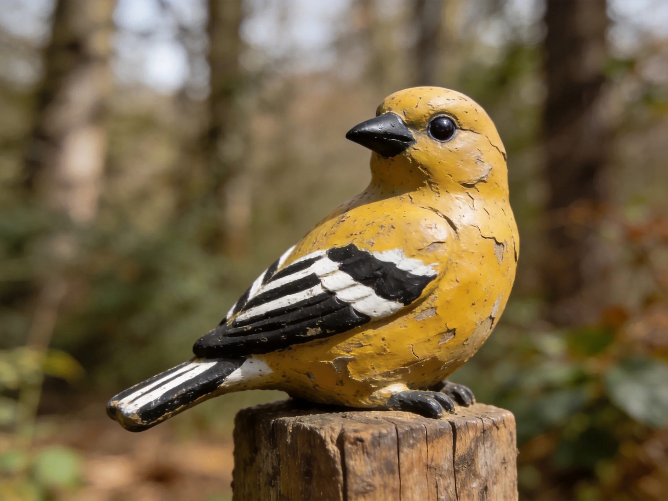 A weathered yellow bird figurine perched on a wooden post