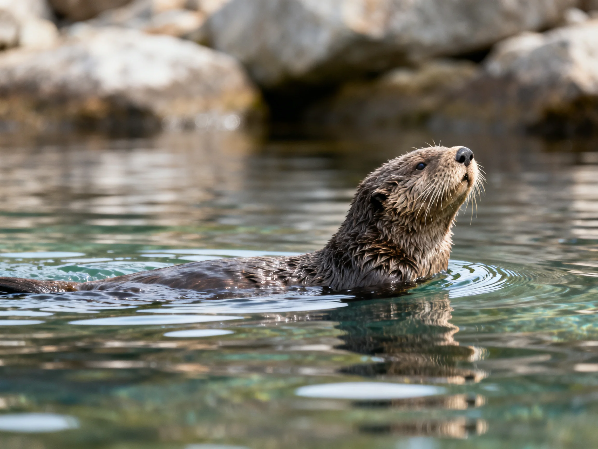 A wet brown sea otter floats in clear water near rocks