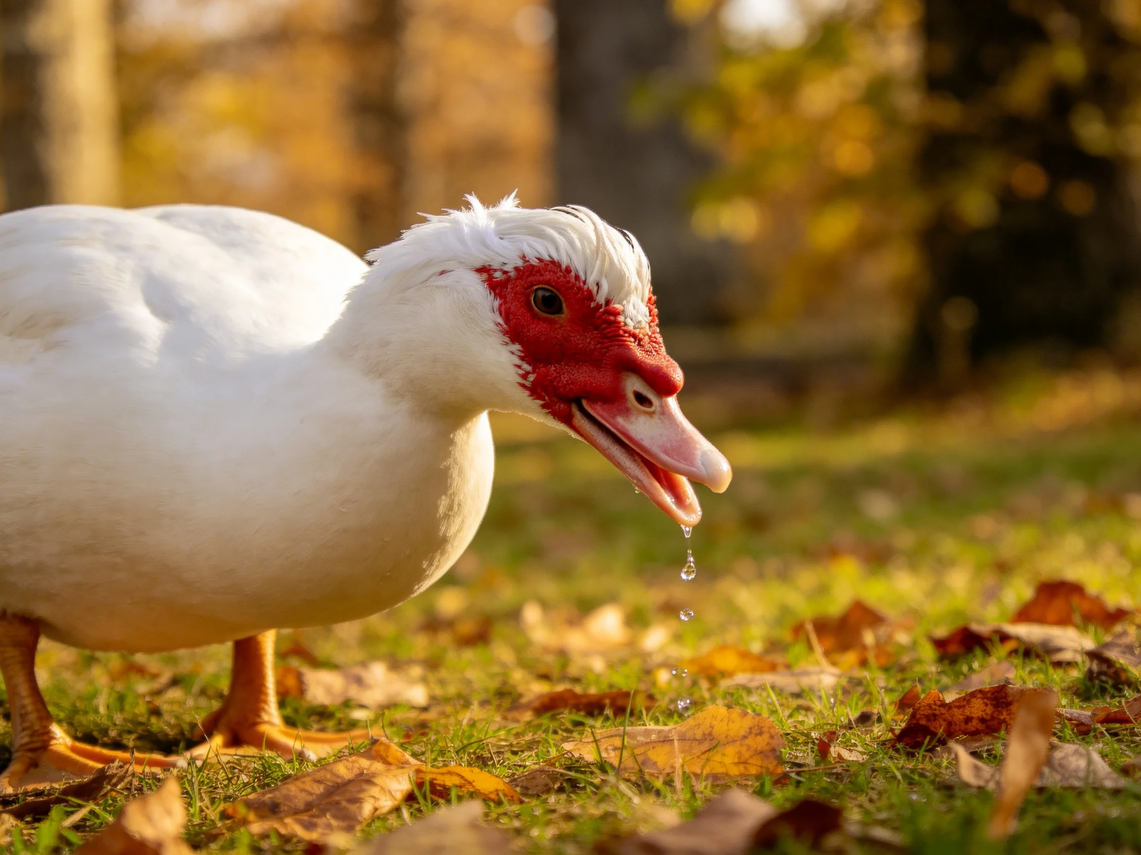 A white Muscovy duck with red head on leaf-littered grass