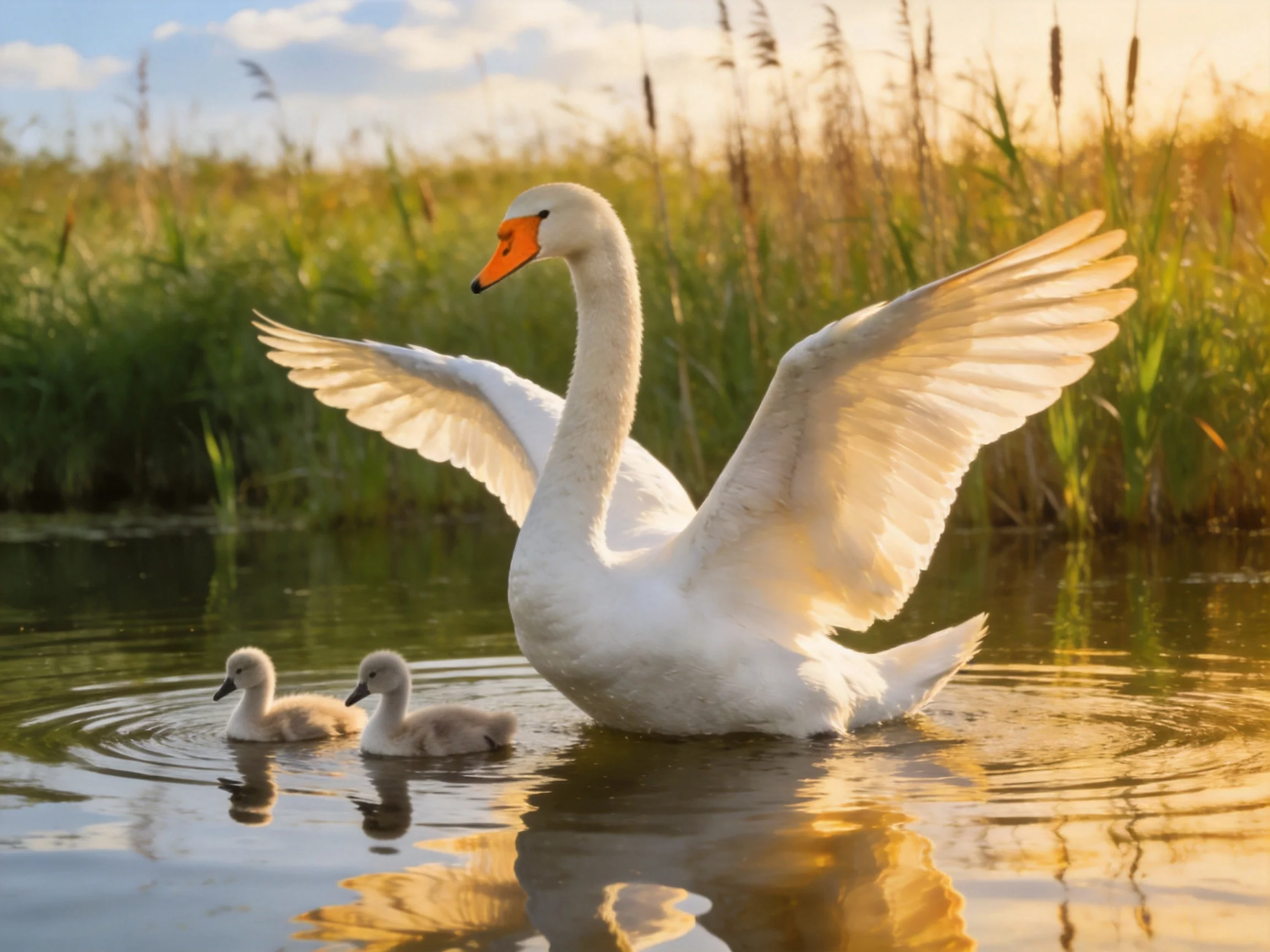 A white adult swan spreads wings beside two grey cygnets in golden-hued water
