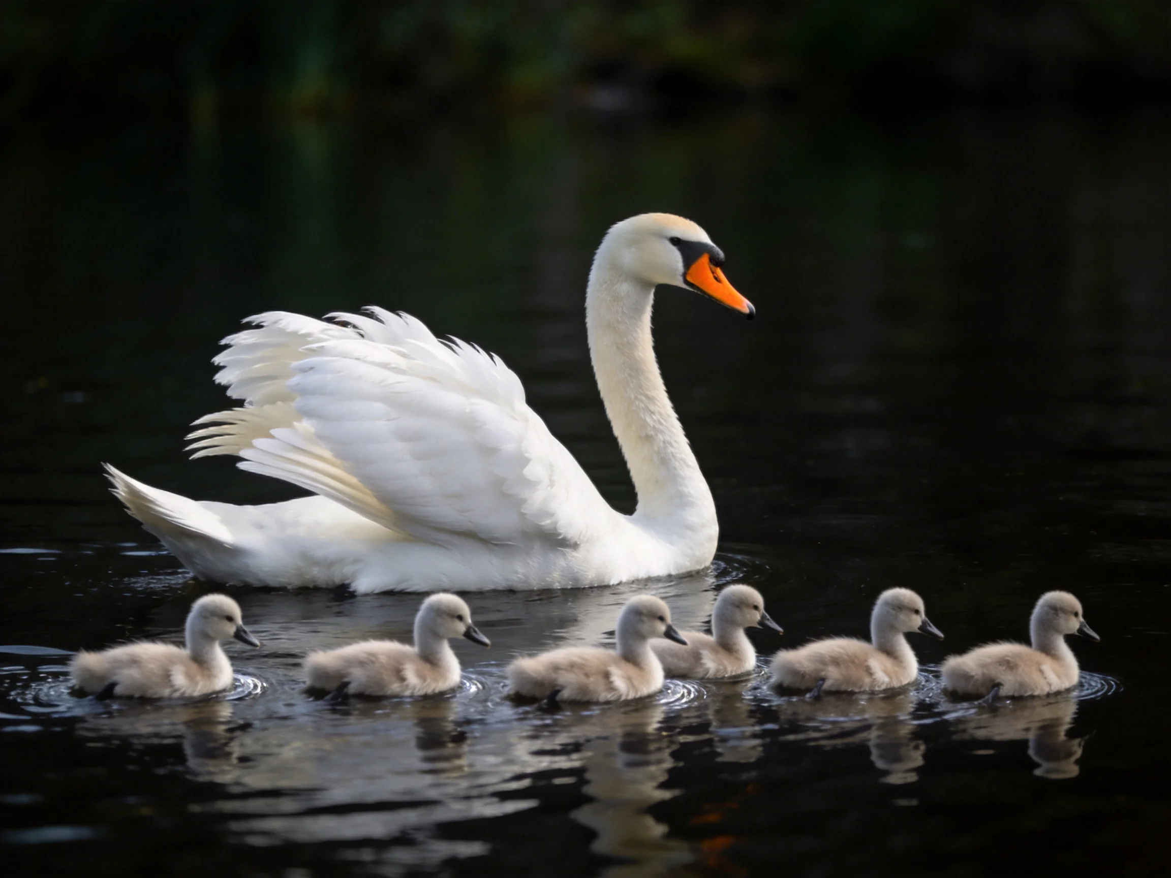 A white adult swan swimming with six grey cygnets