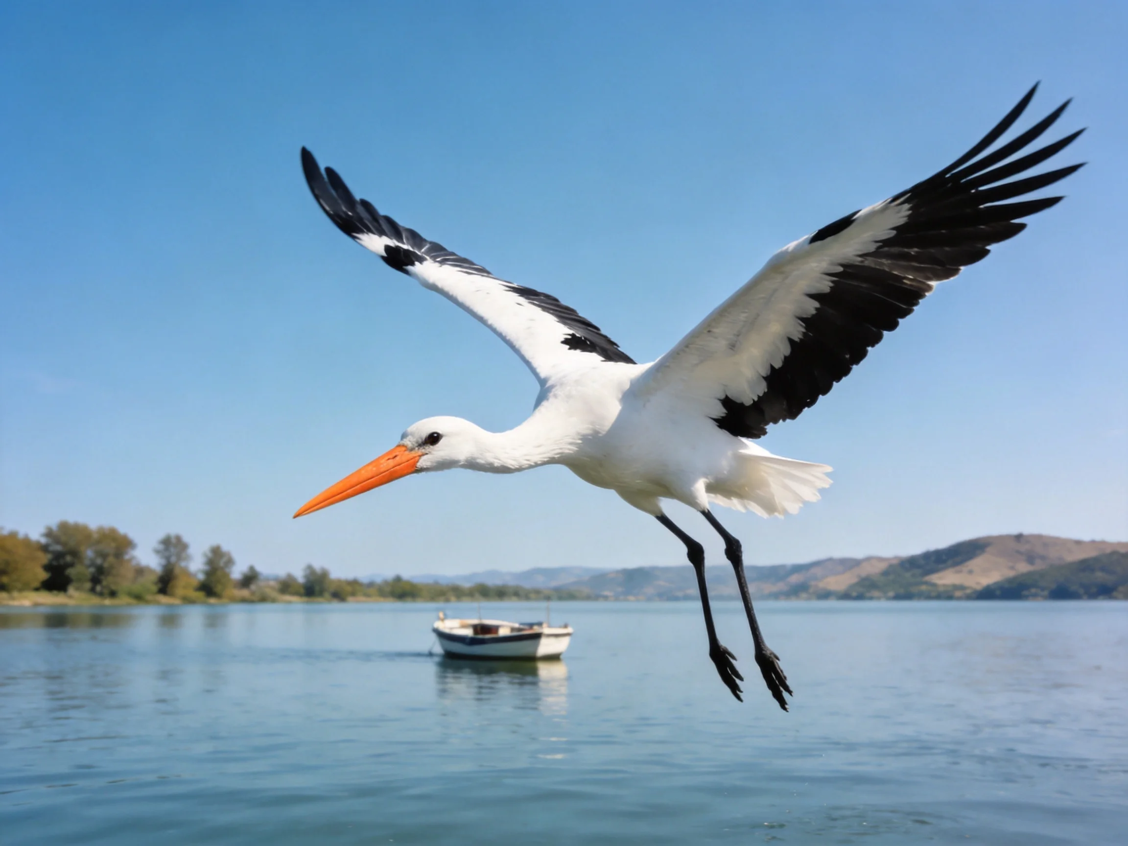 A white and black bird flies over calm water near a small boat
