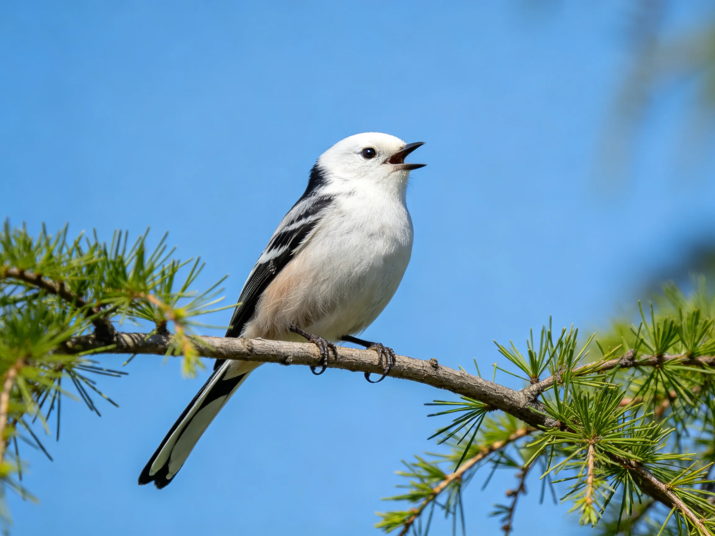 A white and black bird perches on a pine branch under clear blue sky