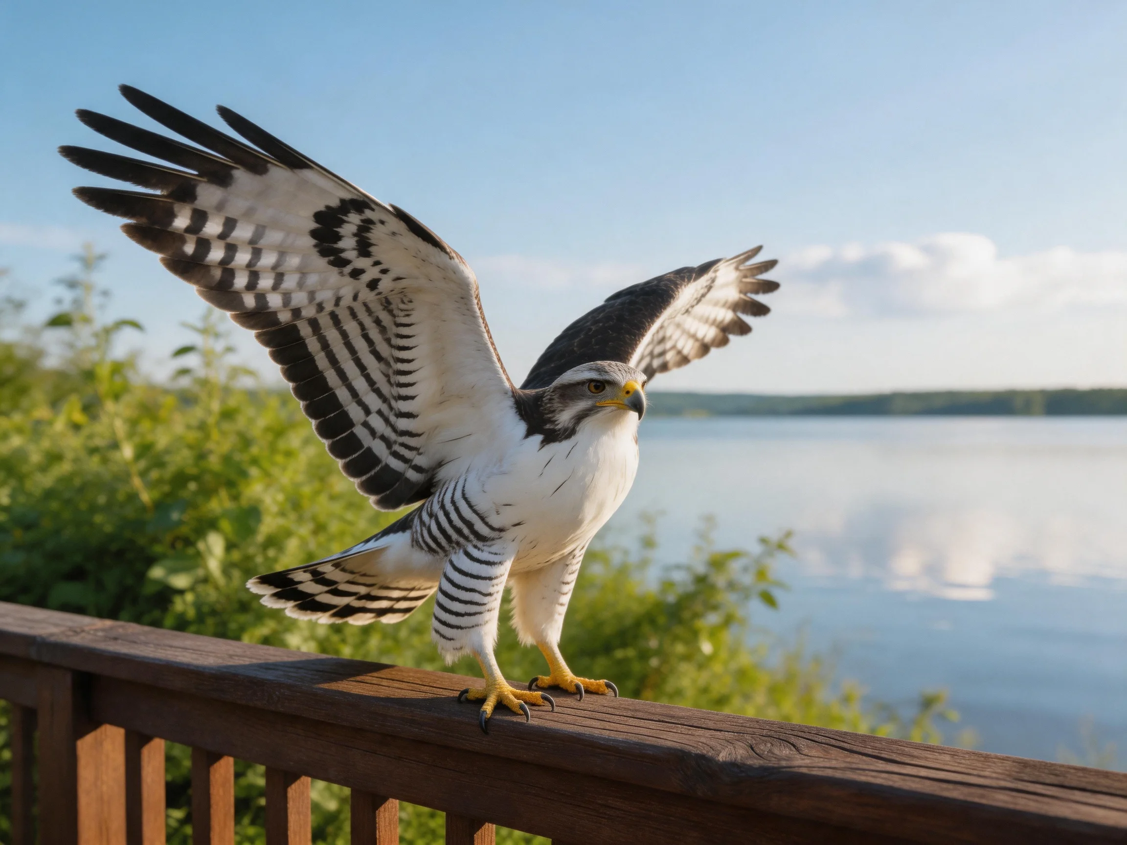 A white and black hawk spreads wings on a wooden railing near calm water