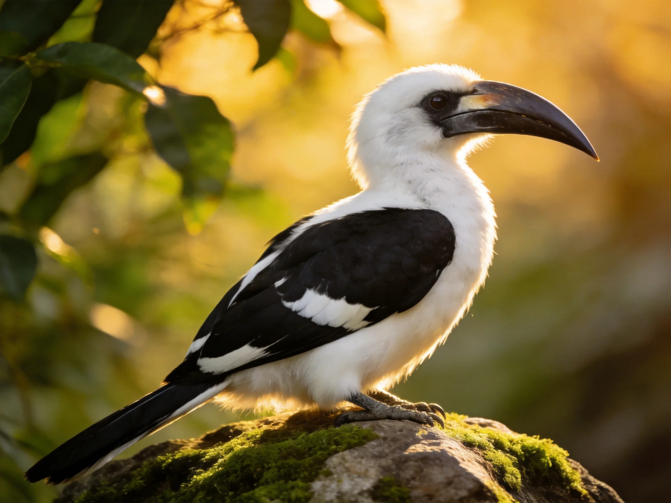 A white and black hornbill perches on a mossy rock amid golden sunlight