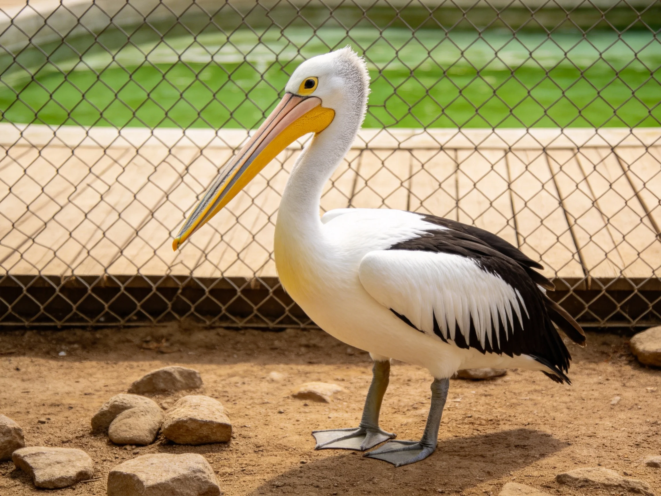 A white and black pelican in a zoo enclosure with rocks and dirt