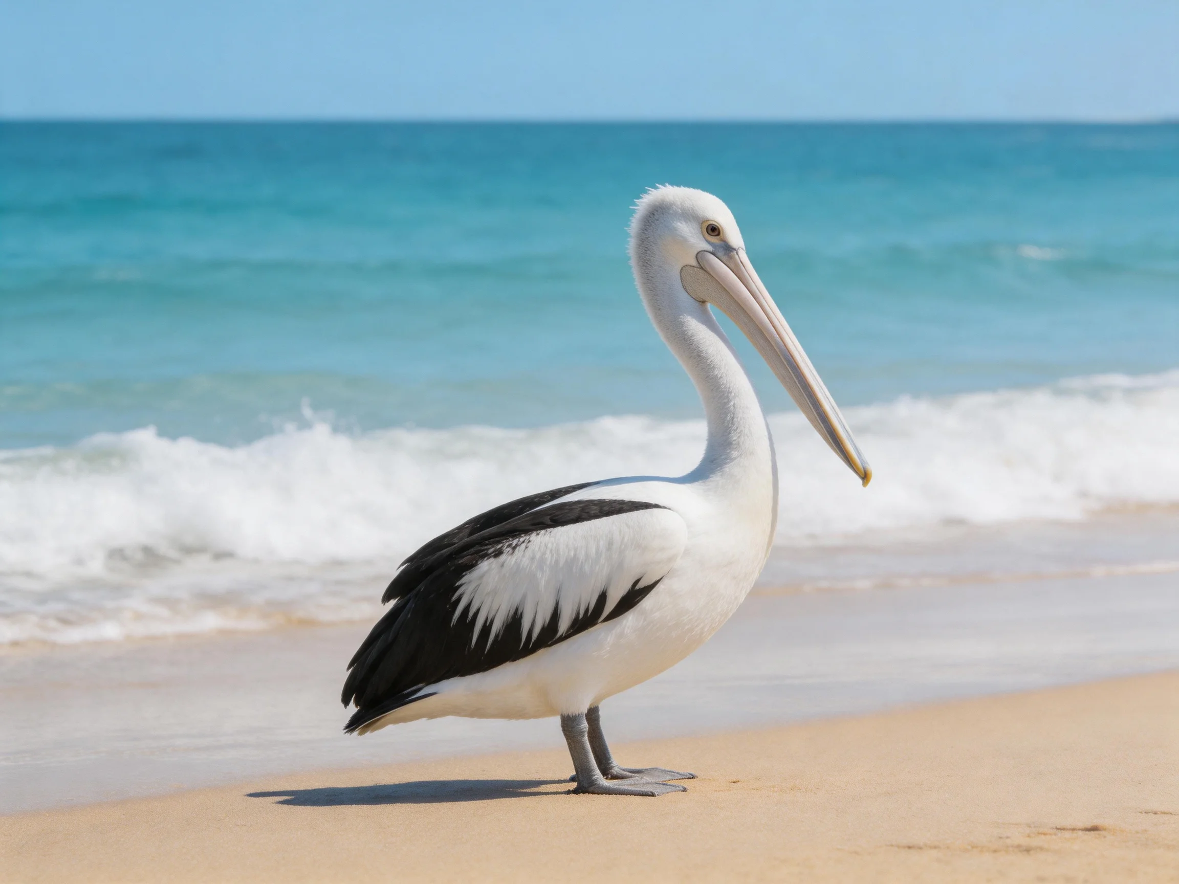 A pelican rests on a sandy beach with turquoise ocean waves in the background.