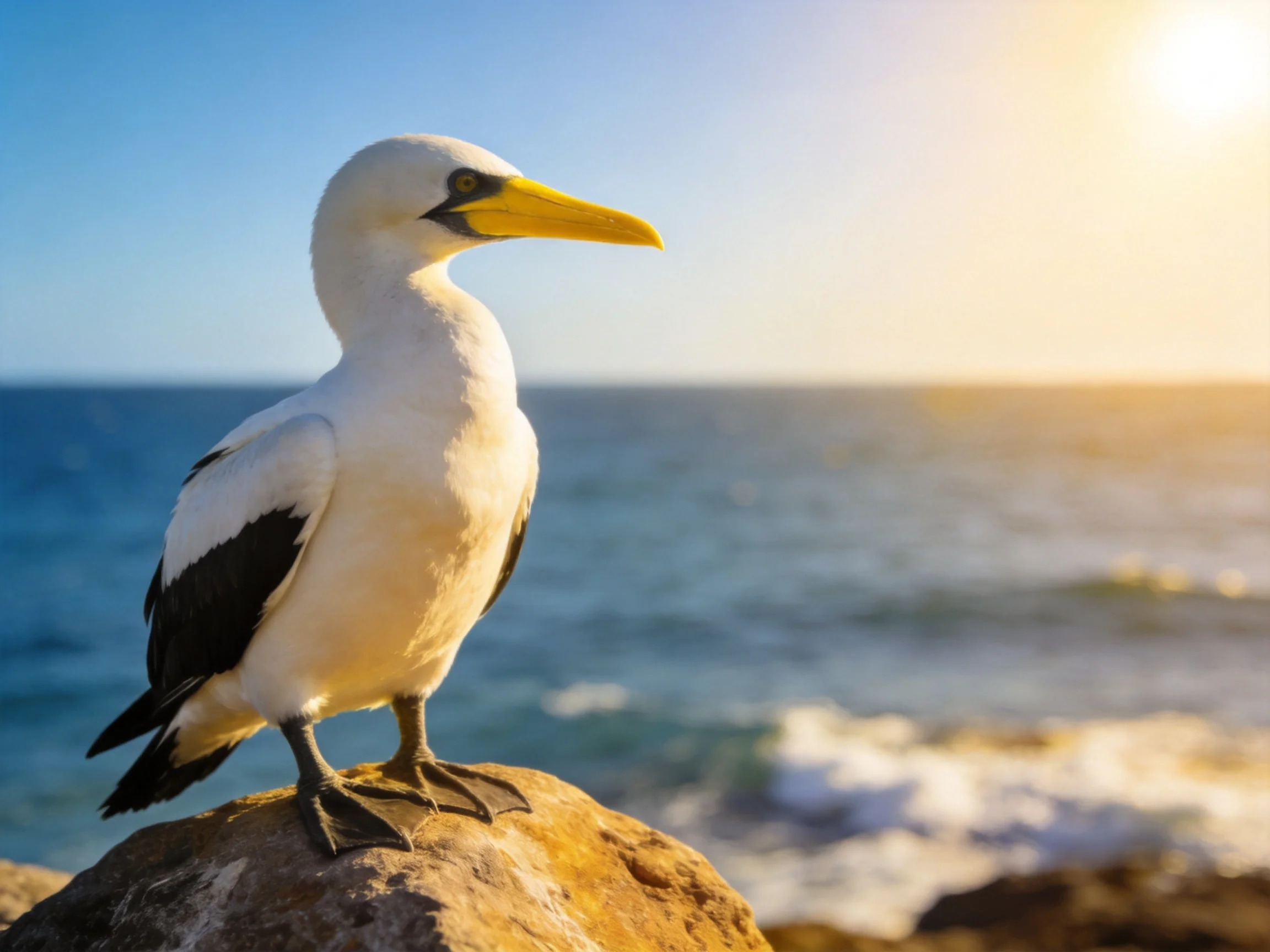 A white and black seabird perches on a coastal rock by the sea