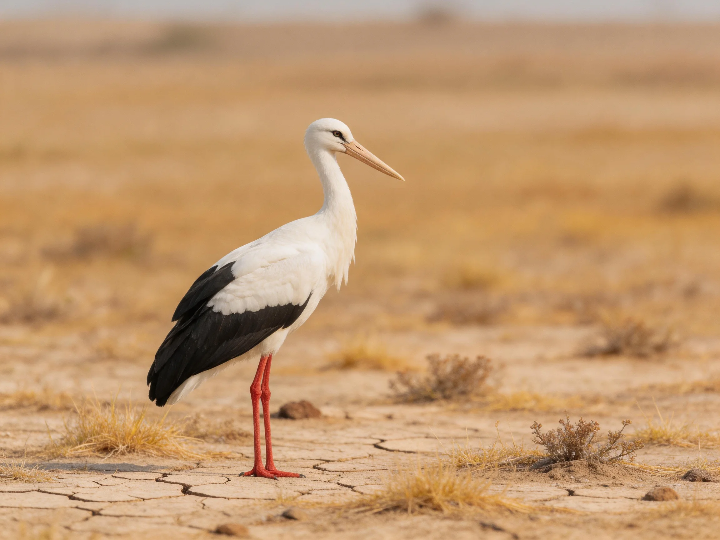 A white and black stork on cracked, dry terrain