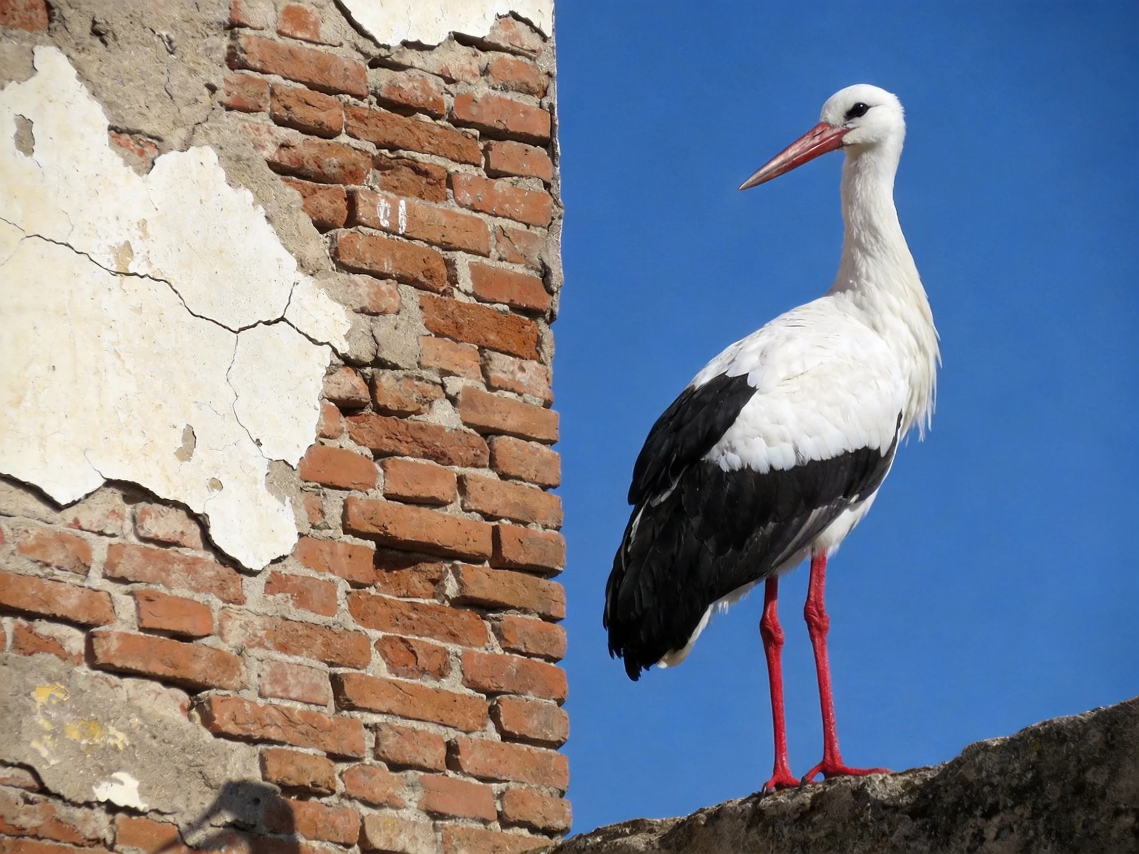 A white and black stork perches near an aged brick wall under clear blue sky