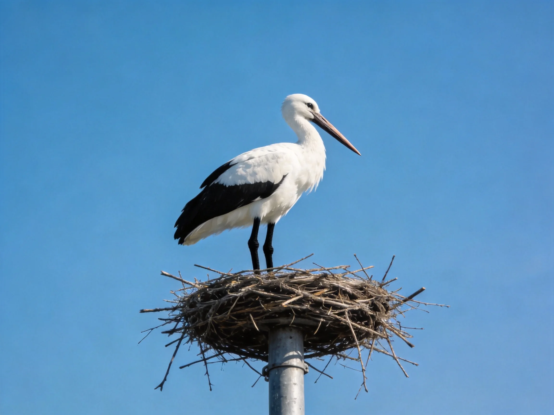 A white and black stork perches on a twig nest atop a metal pole