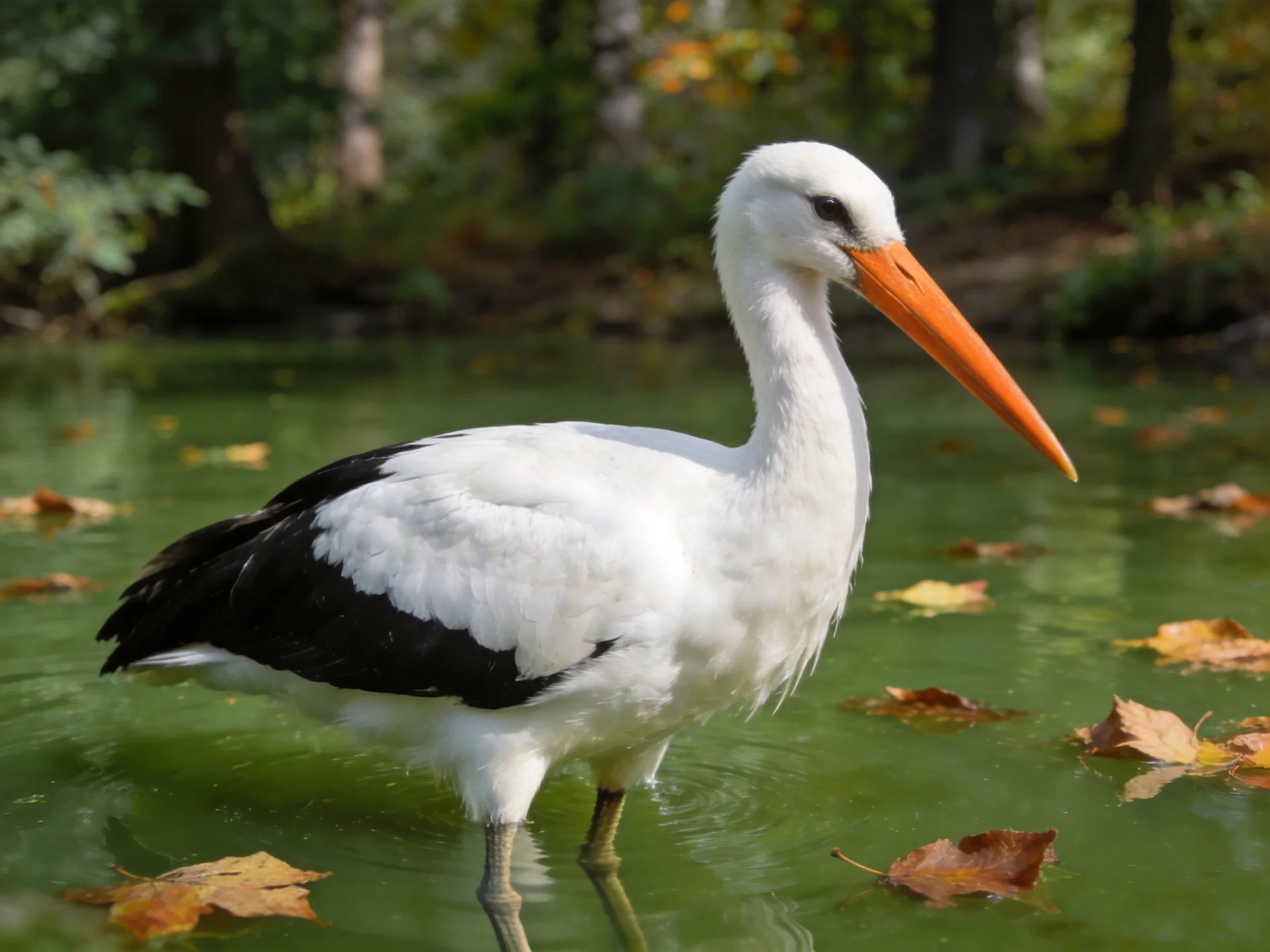 A white and black stork stands in green water with autumn leaves