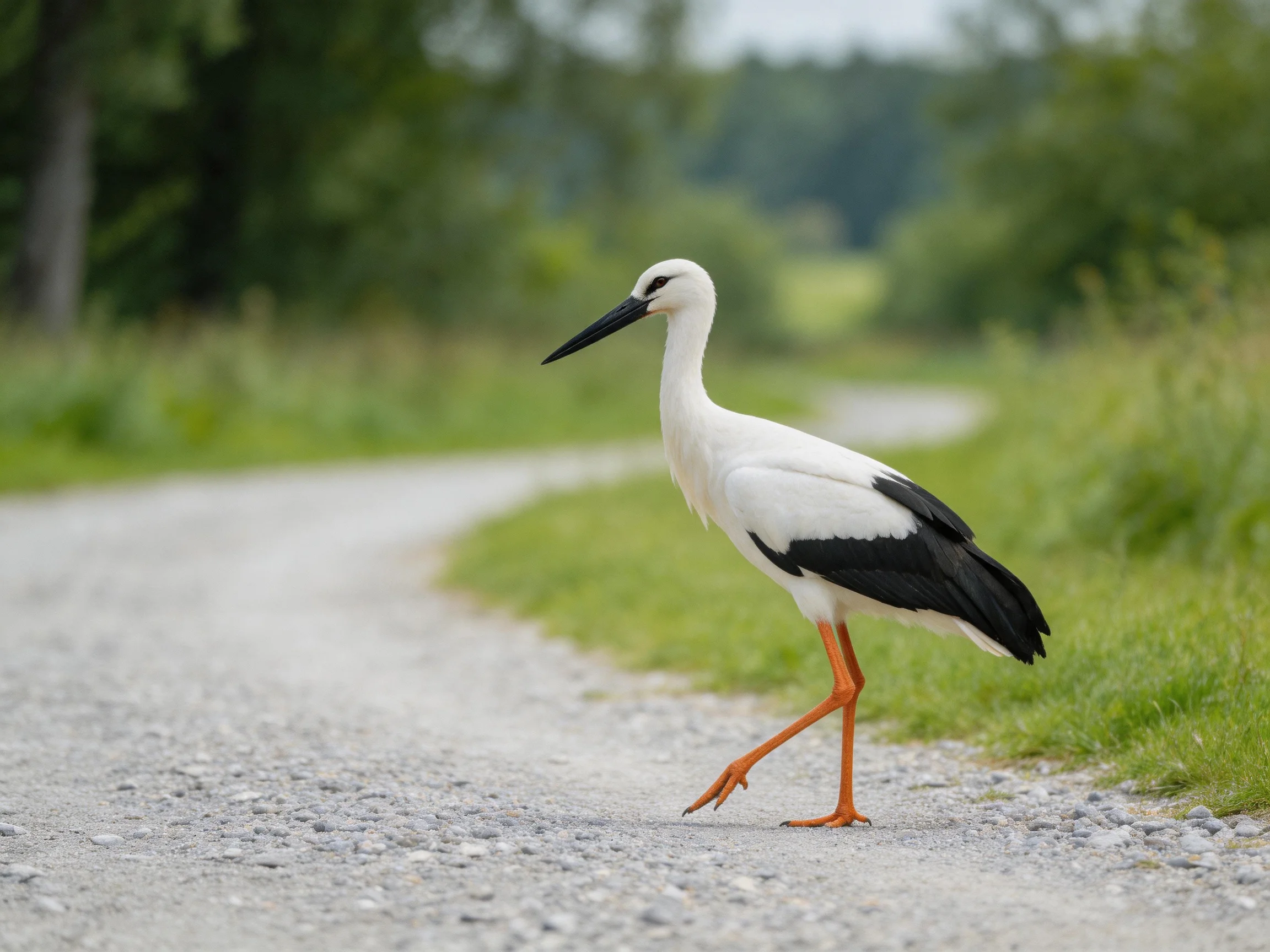A white and black stork walks on a gravel path beside lush greenery