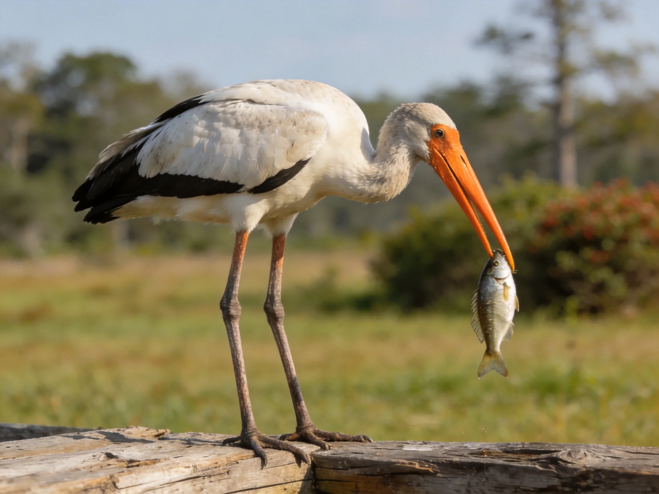 A white and black stork with an orange beak holds a fish on a log