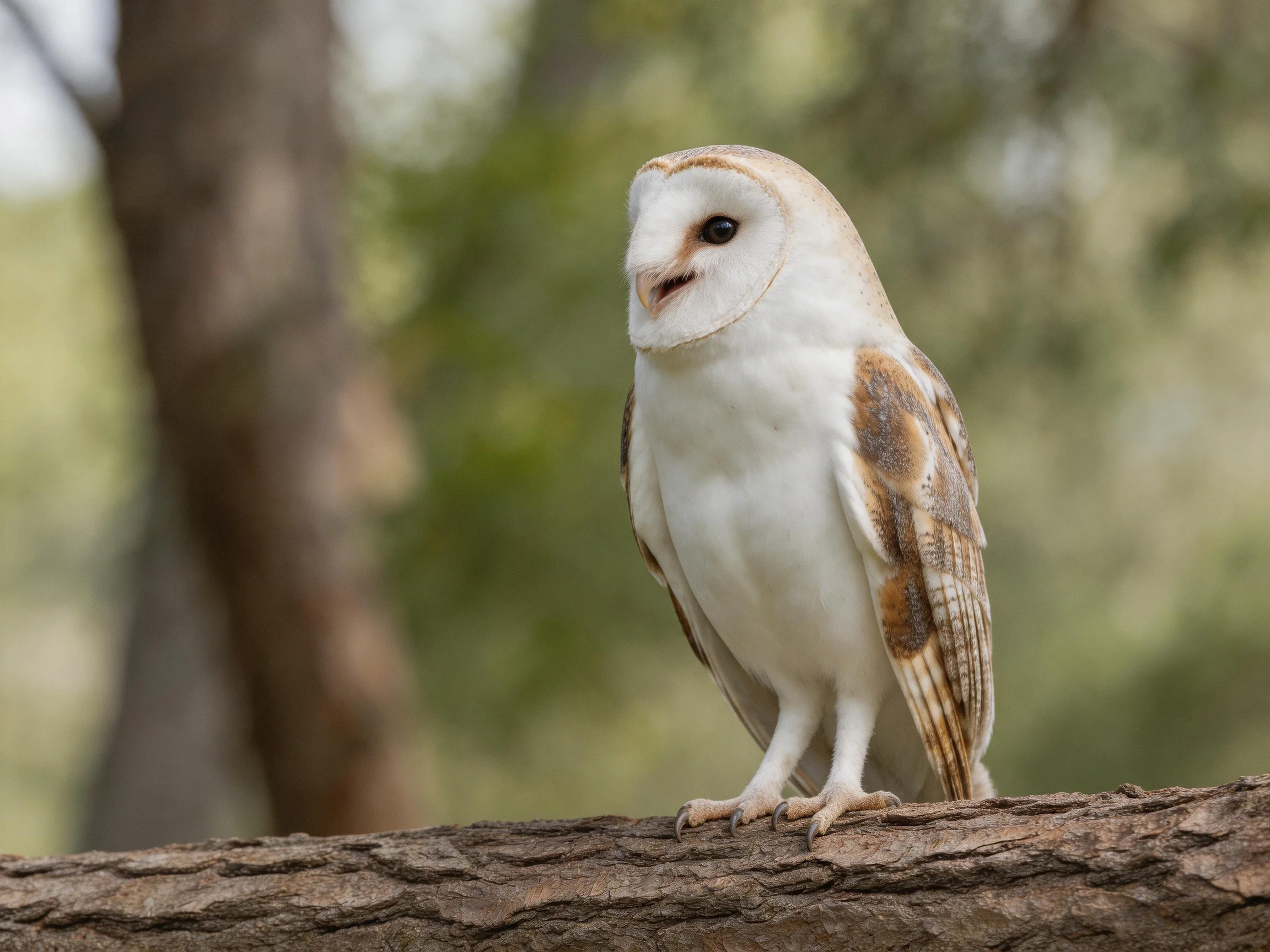 A white and brown barn owl on a tree trunk