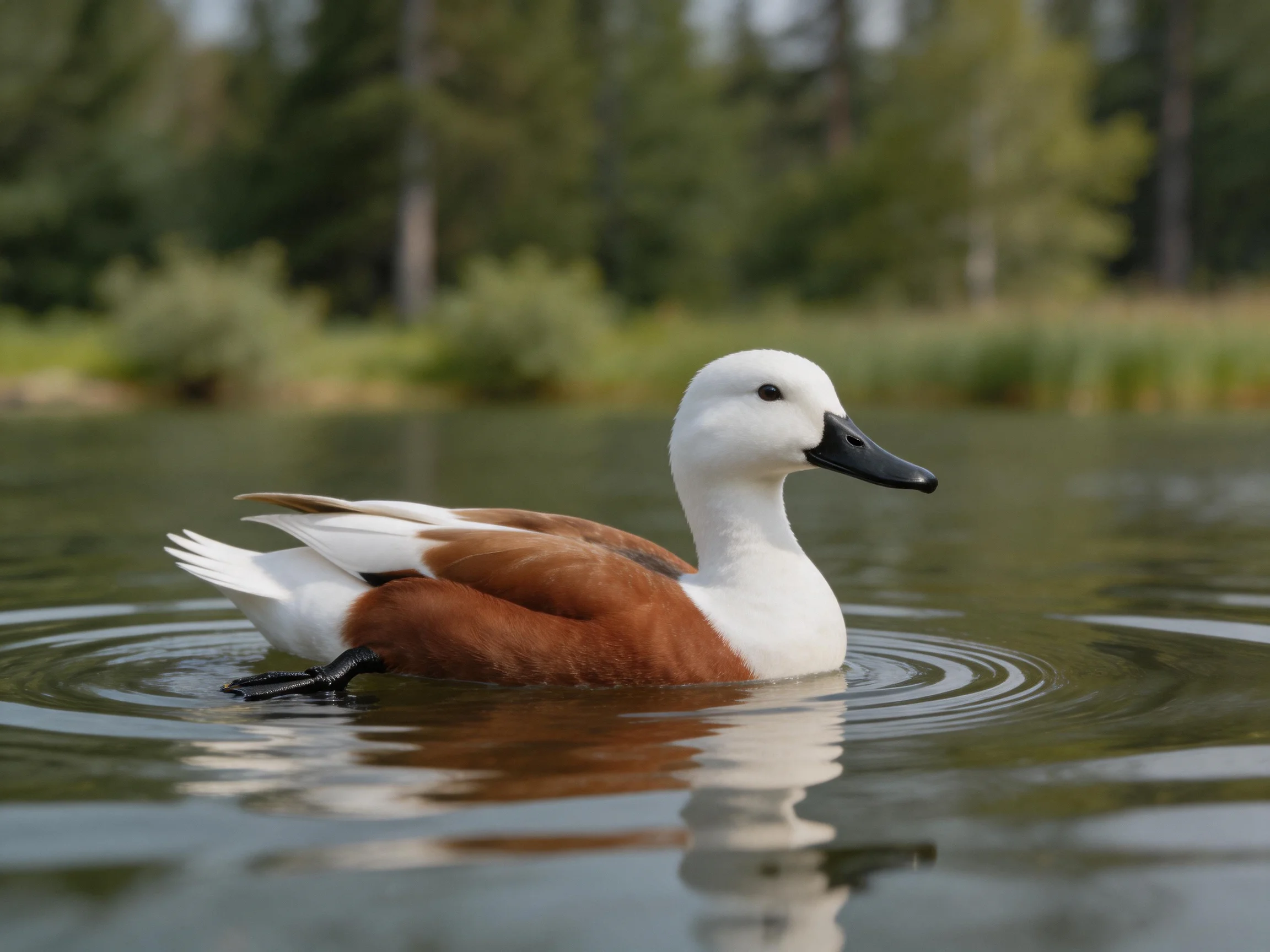 A white and brown duck swims on calm water
