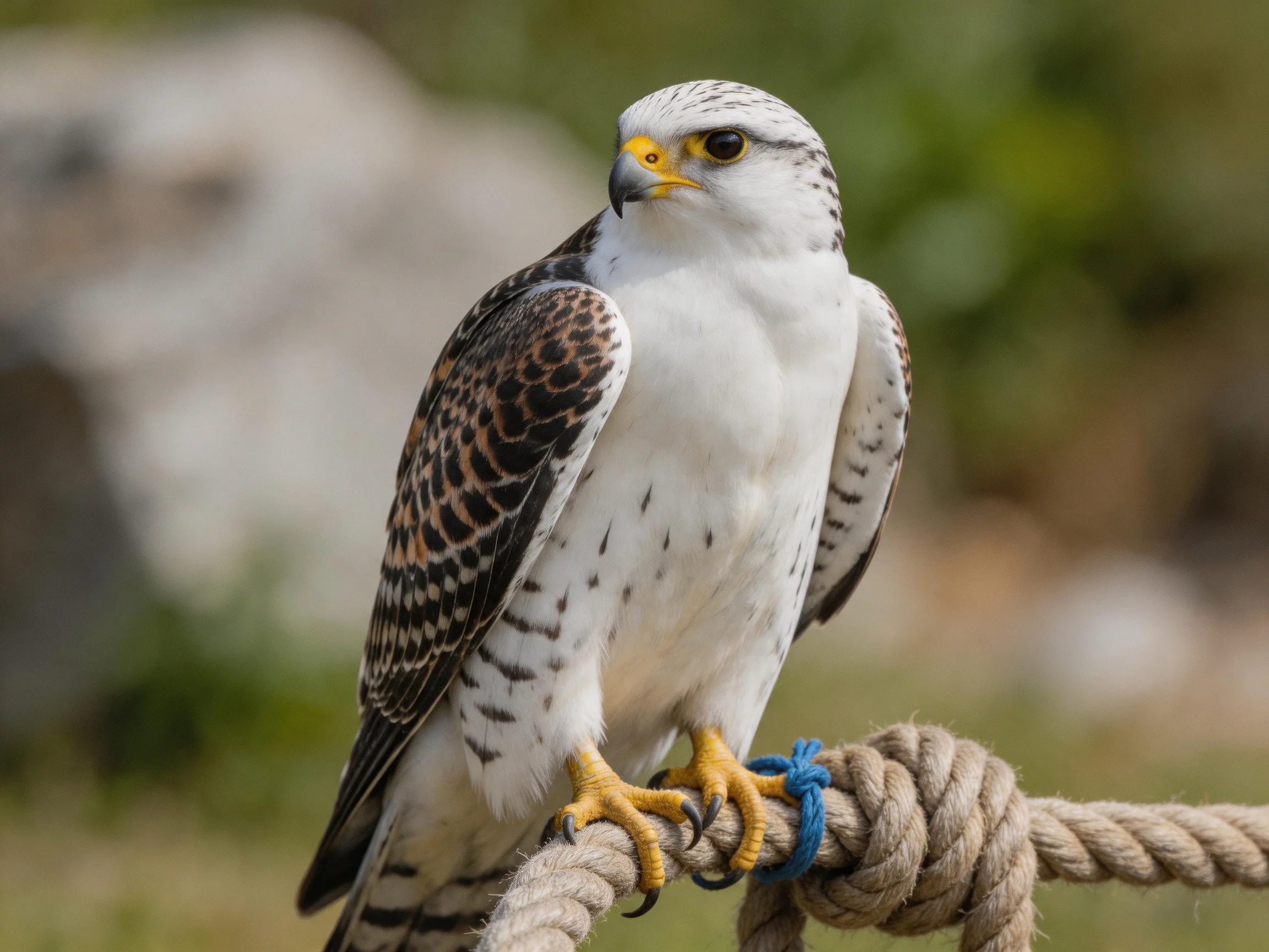 A white and brown falcon perched on a thick rope outdoors