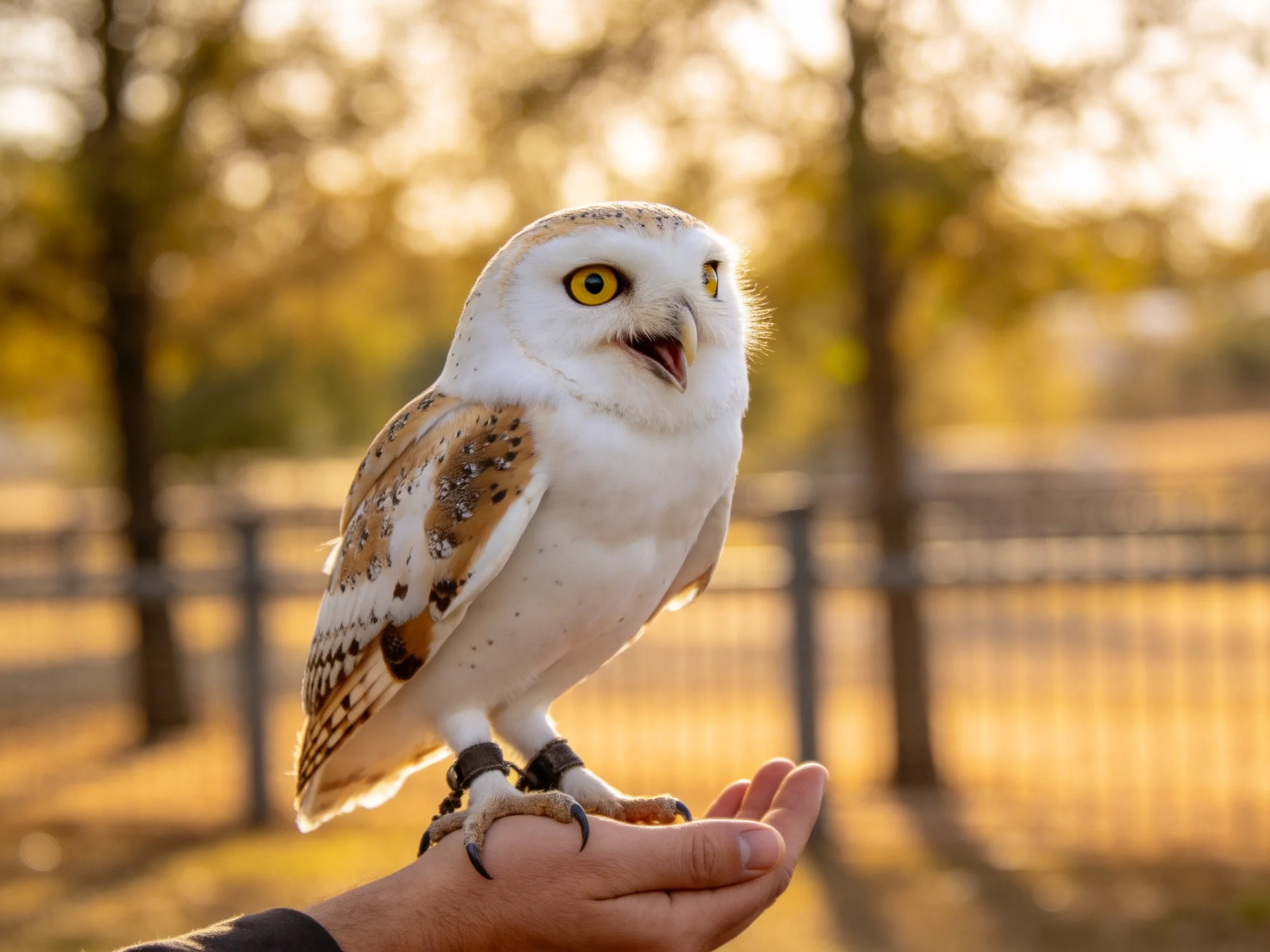 A white and brown owl perched on a human hand in a sunlit outdoor setting