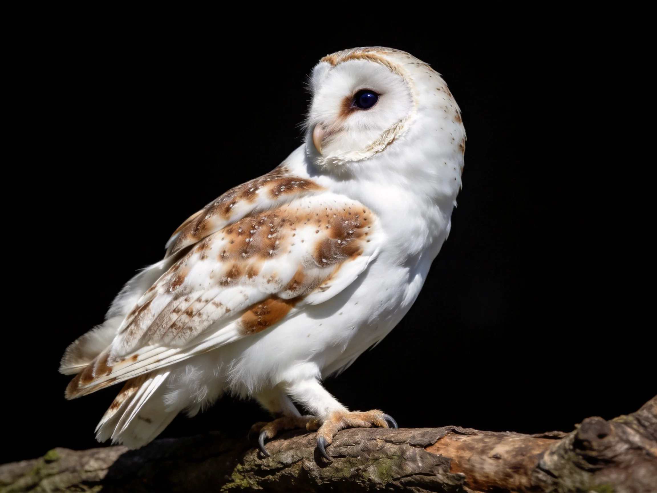 A white and brown spotted barn owl perched on a tree branch