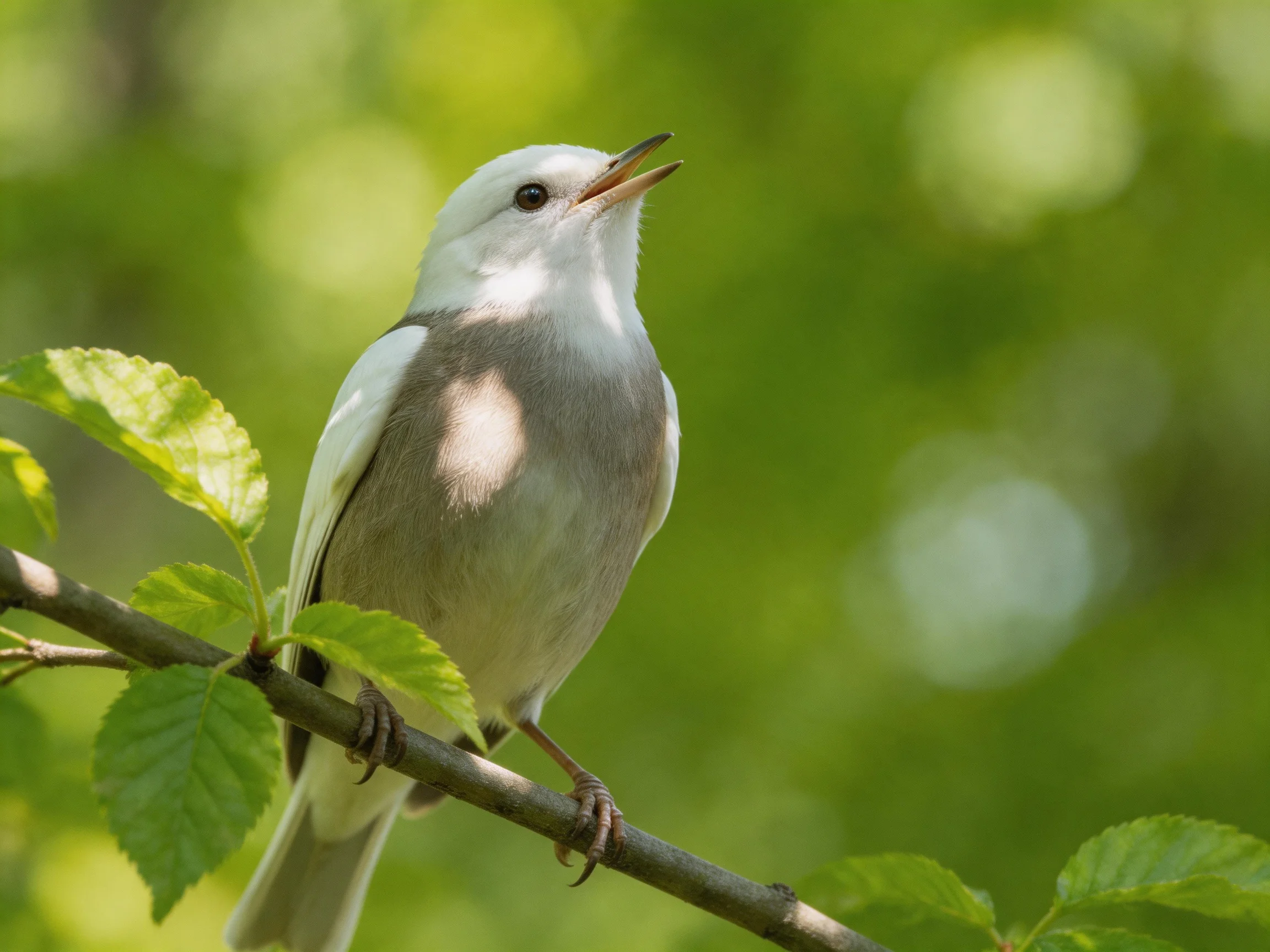 A white and gray bird perched on a leafy branch