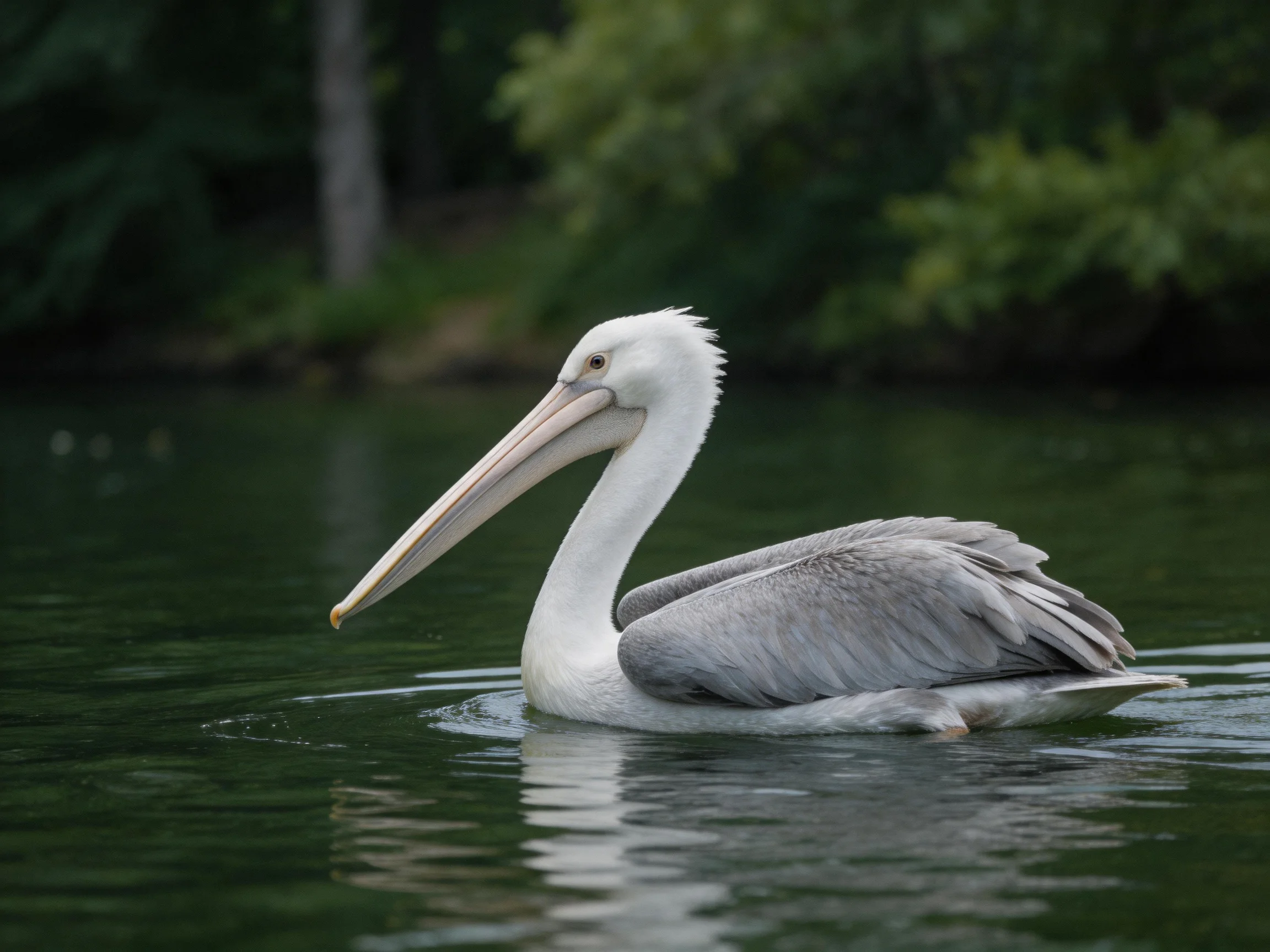 A white and gray pelican swims in calm green water