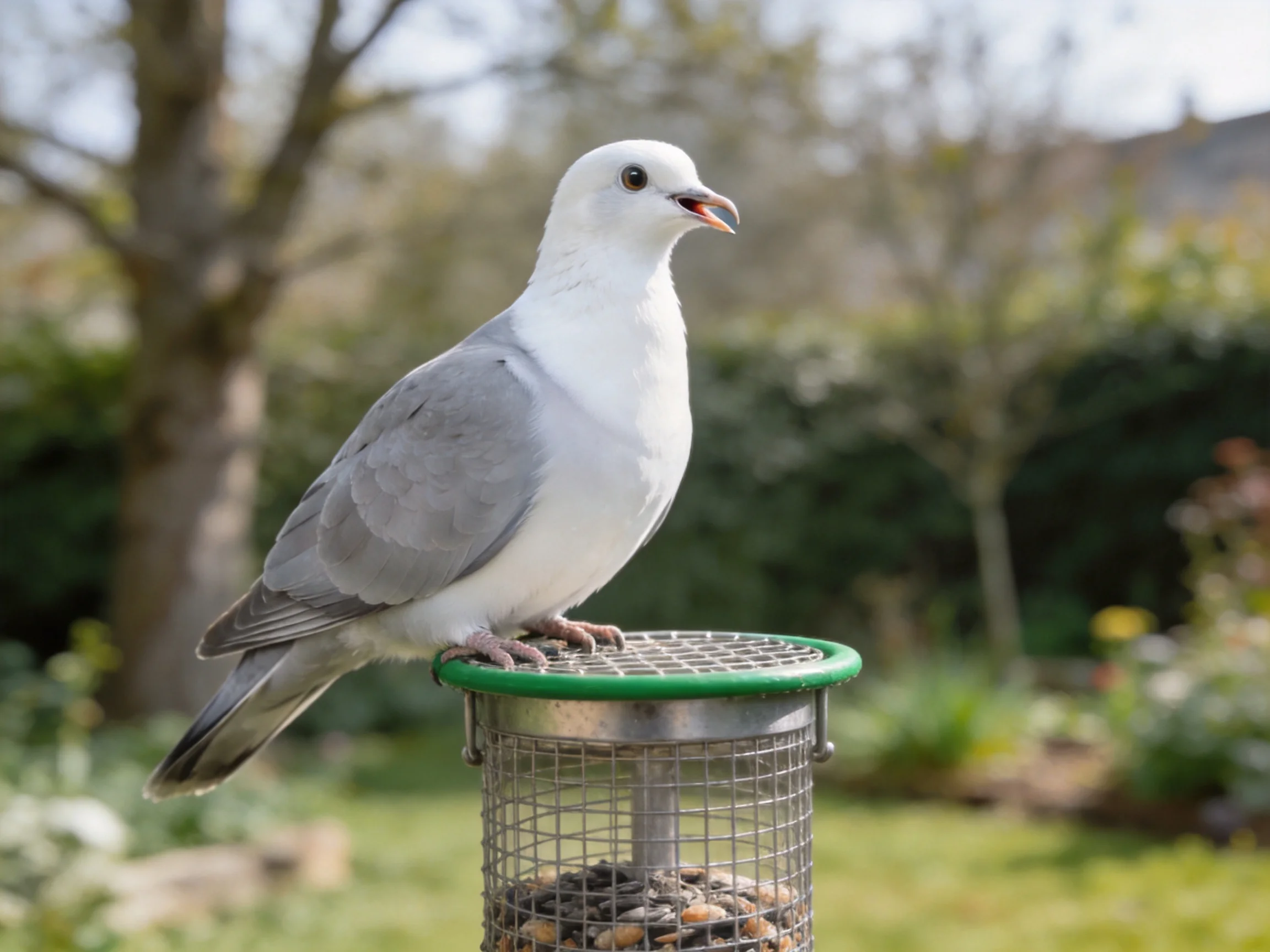A white and gray pigeon perches on a green bird feeder