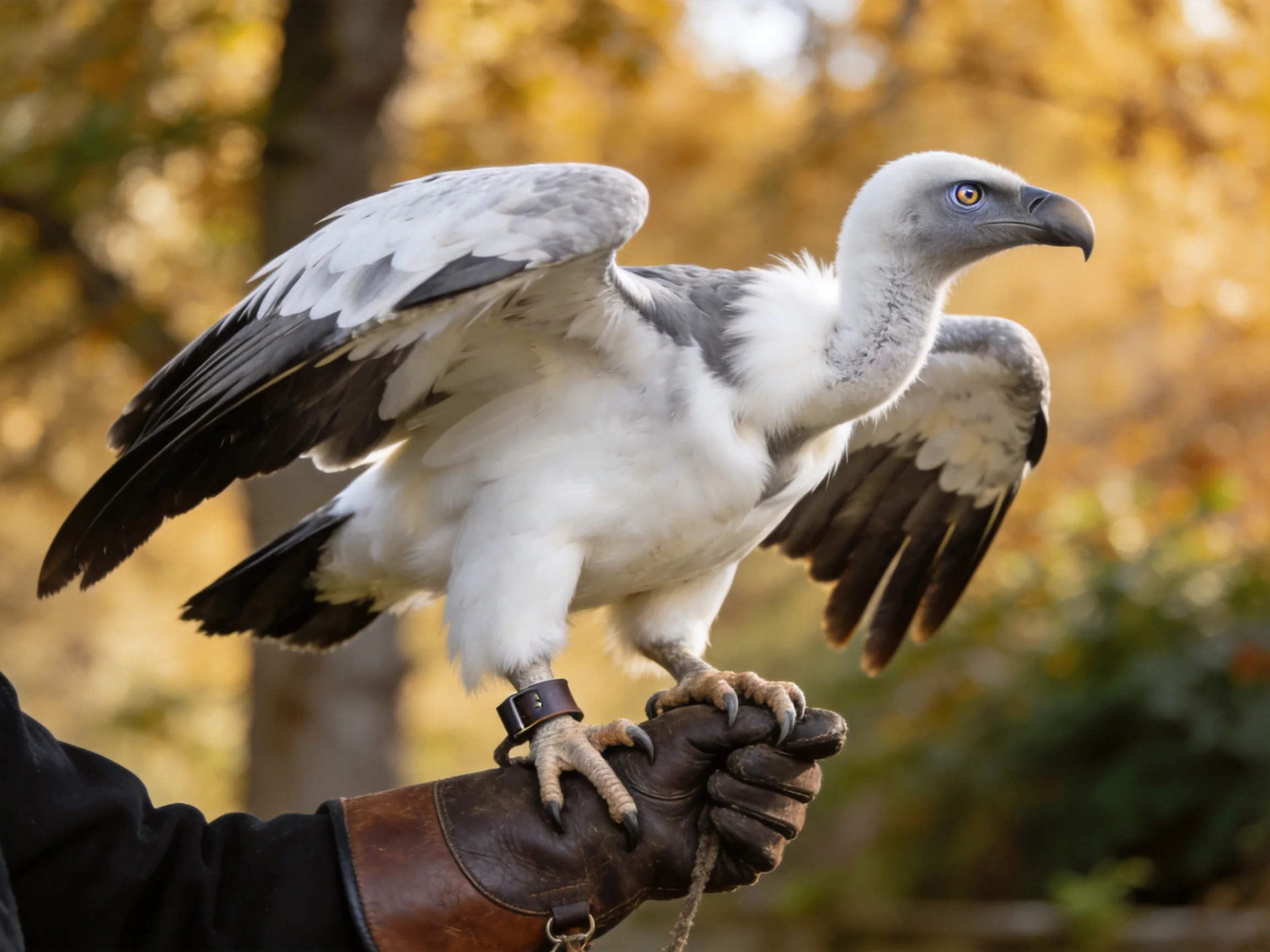 A white and gray raptor perched on a handlers gloved hand