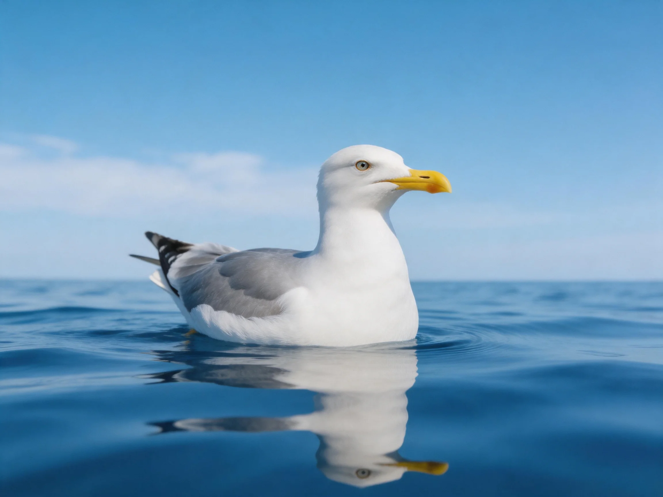 A white and gray seagull floats on calm blue water under clear sky