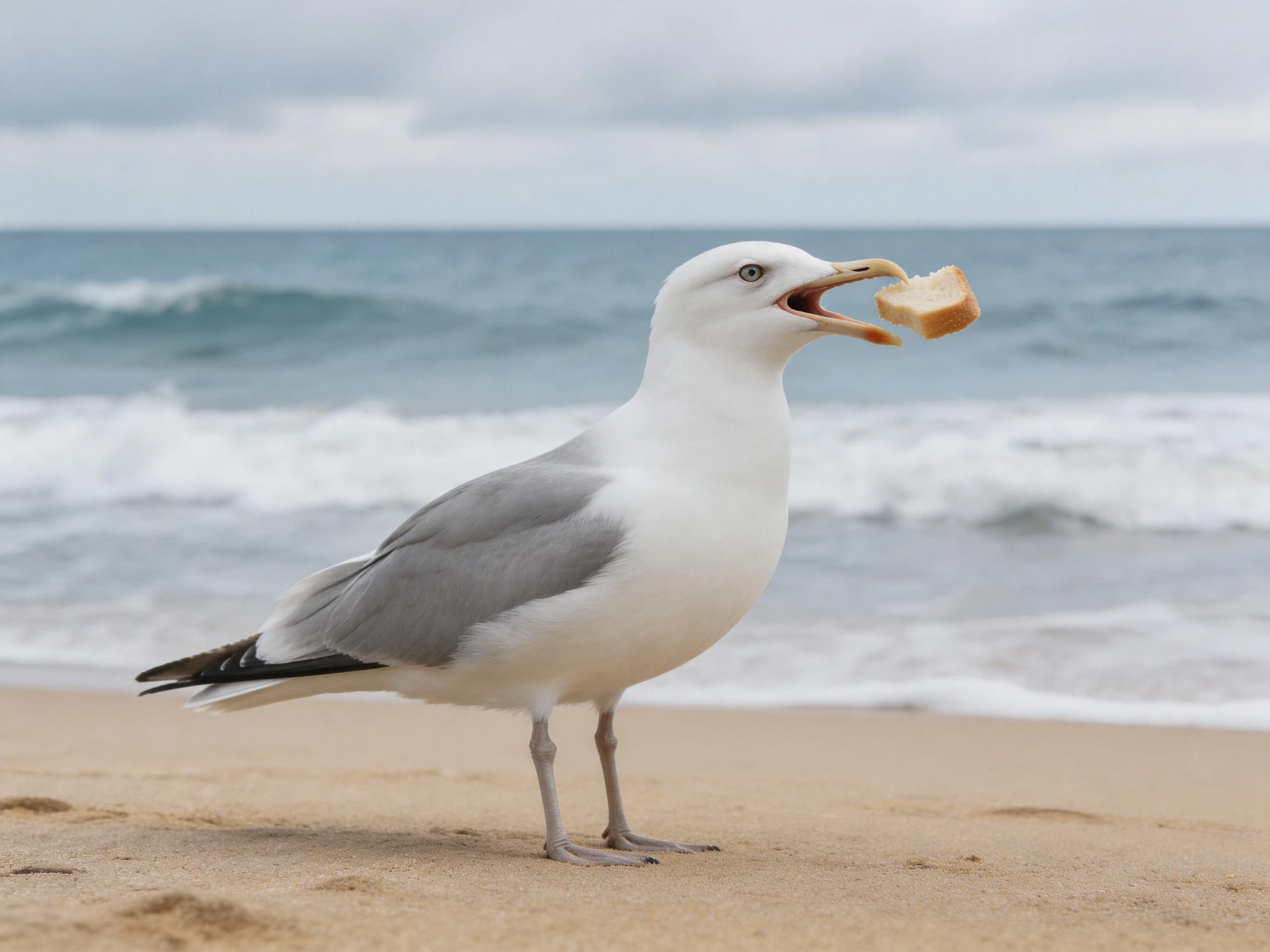 A seagull stands on sand with bread by the ocean.