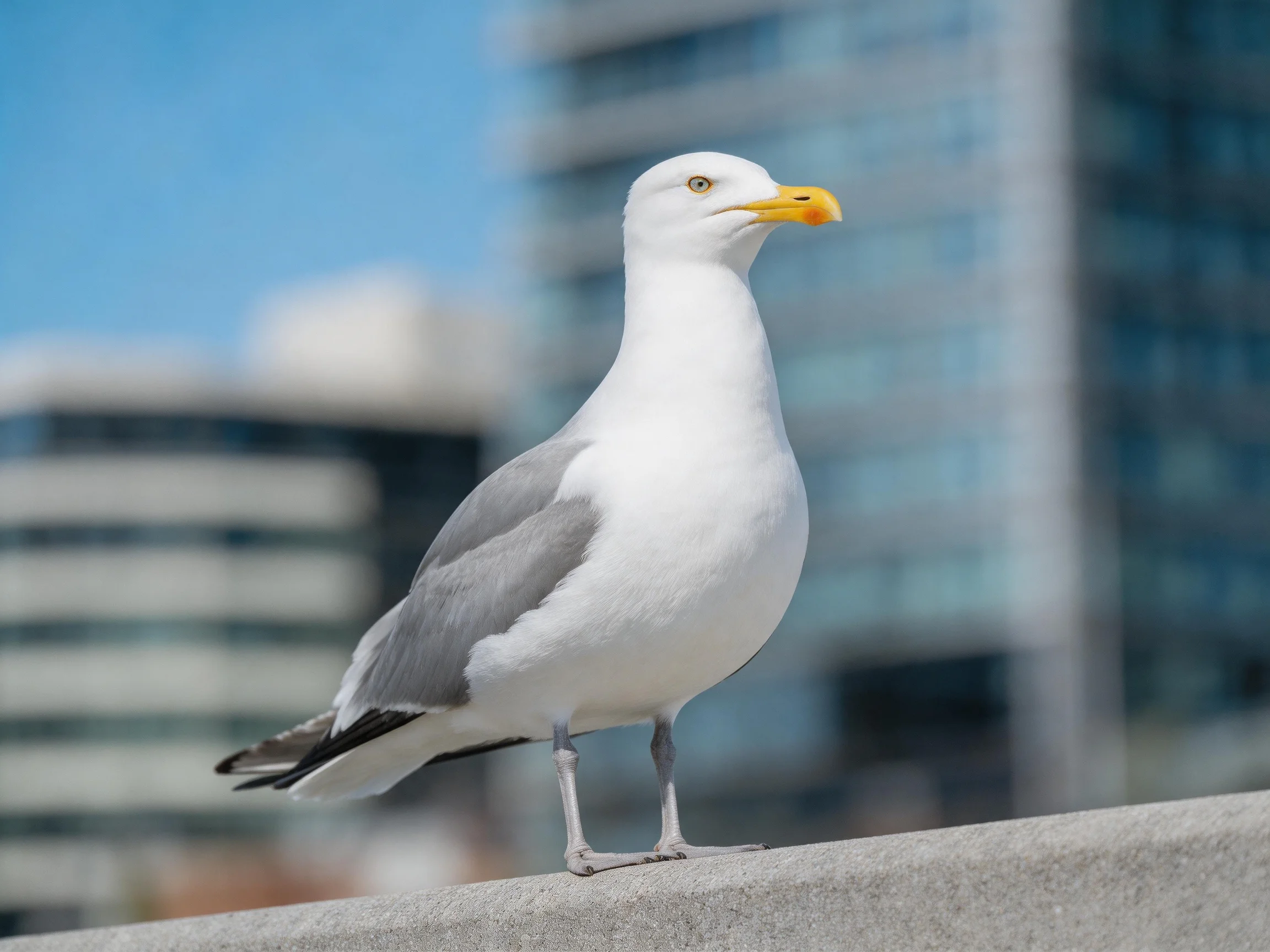 A seagull stands on a concrete ledge with modern buildings blurred in the background.