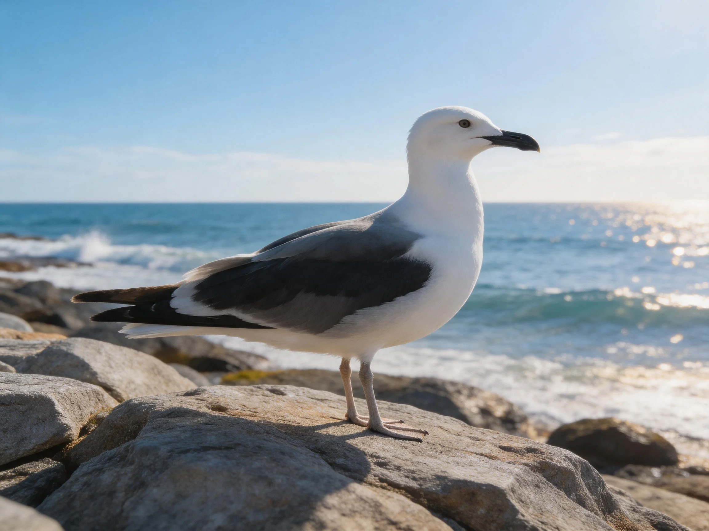 A seagull stands on coastal rocks near the ocean with waves in the distance.