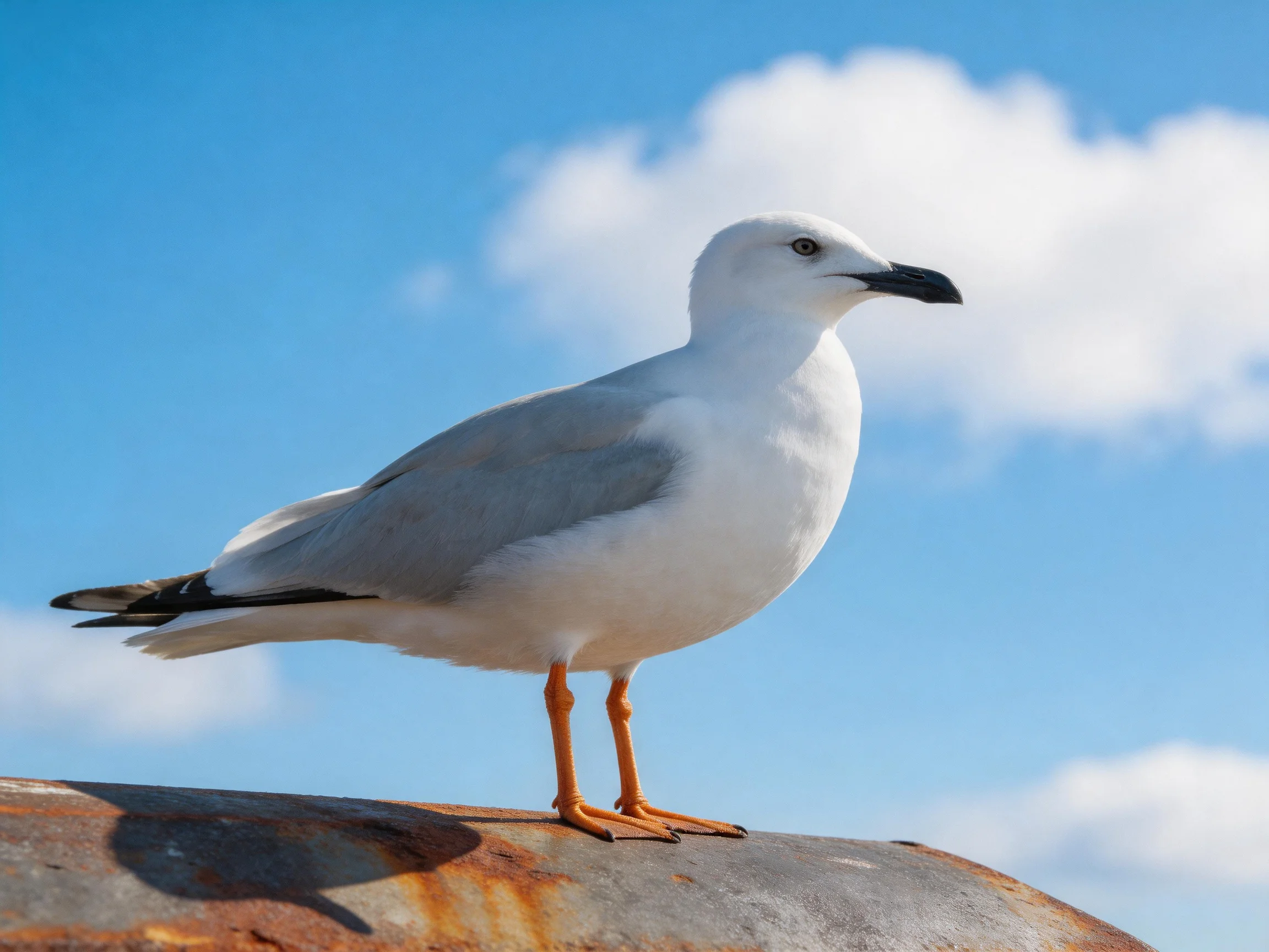 A seagull with white and gray feathers stands on a rusted metal surface under a bright blue sky.