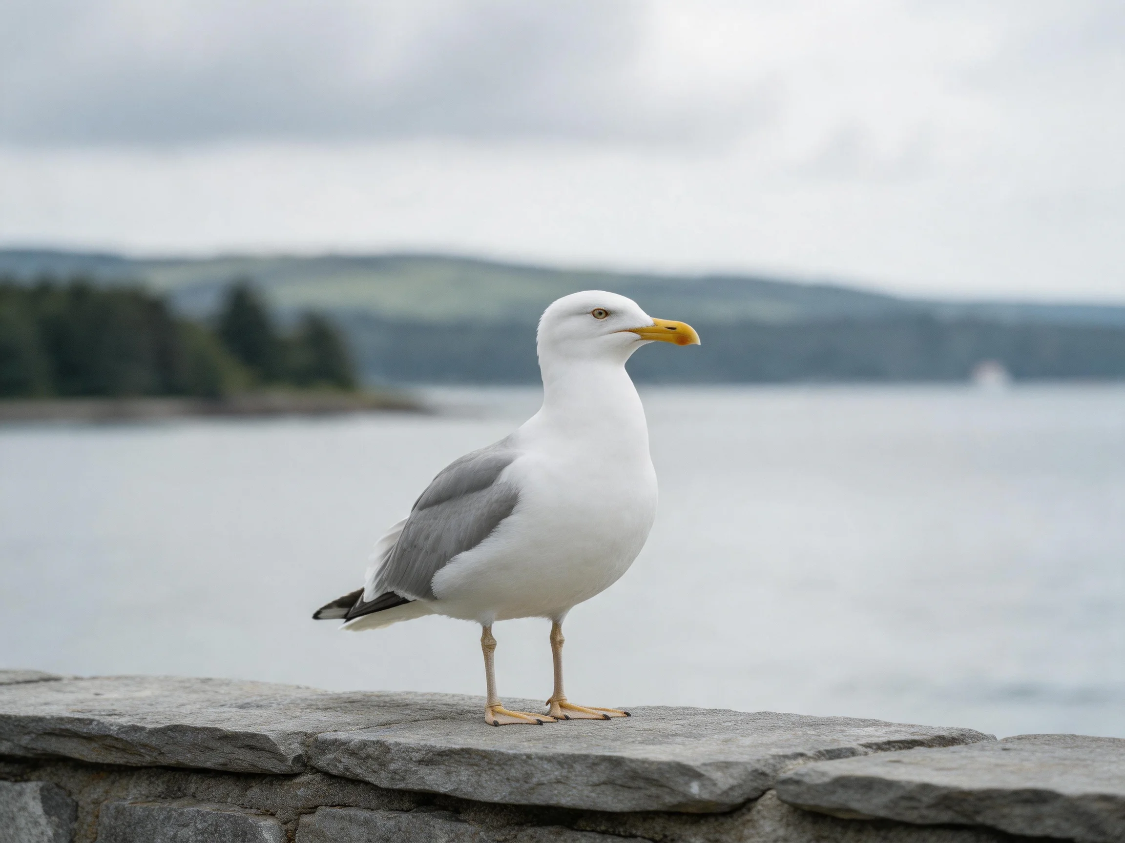 A white and gray seagull perches on a stone wall beside calm water