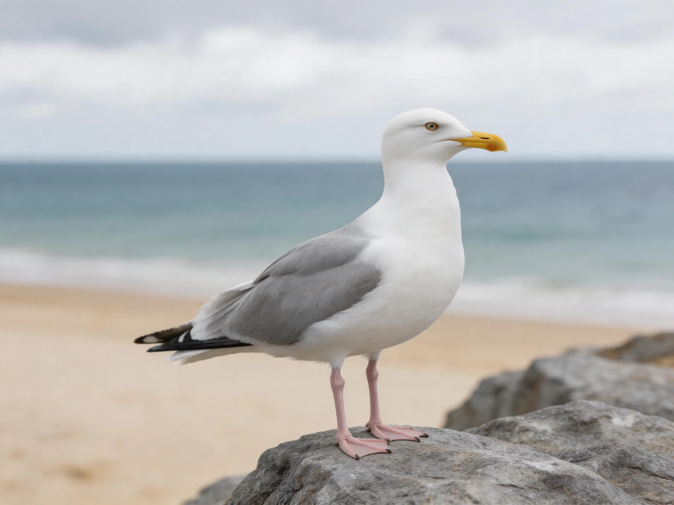 A seagull stands on rocks by a sandy beach with an ocean backdrop.
