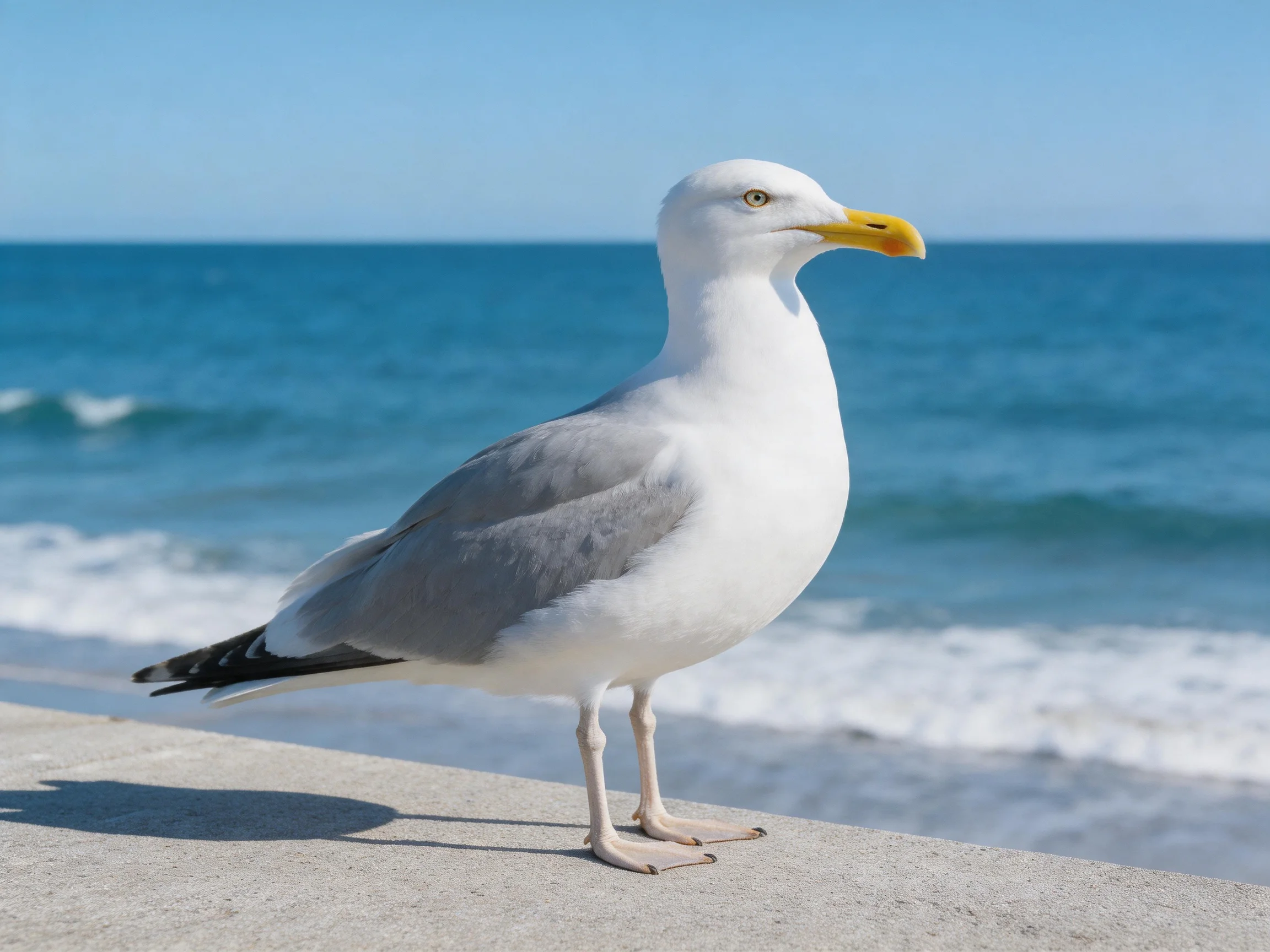 A seagull with white and gray plumage stands by an ocean shoreline.