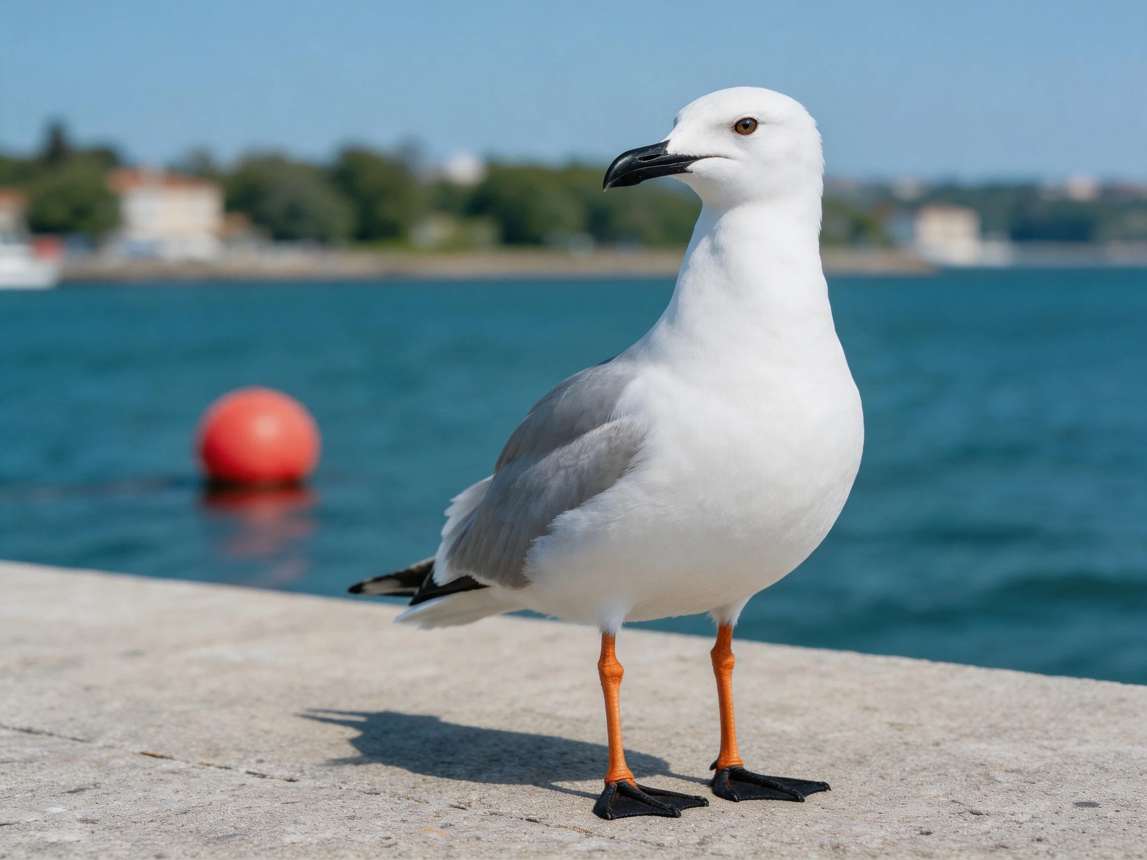 A white and gray seagull stands by calm blue water