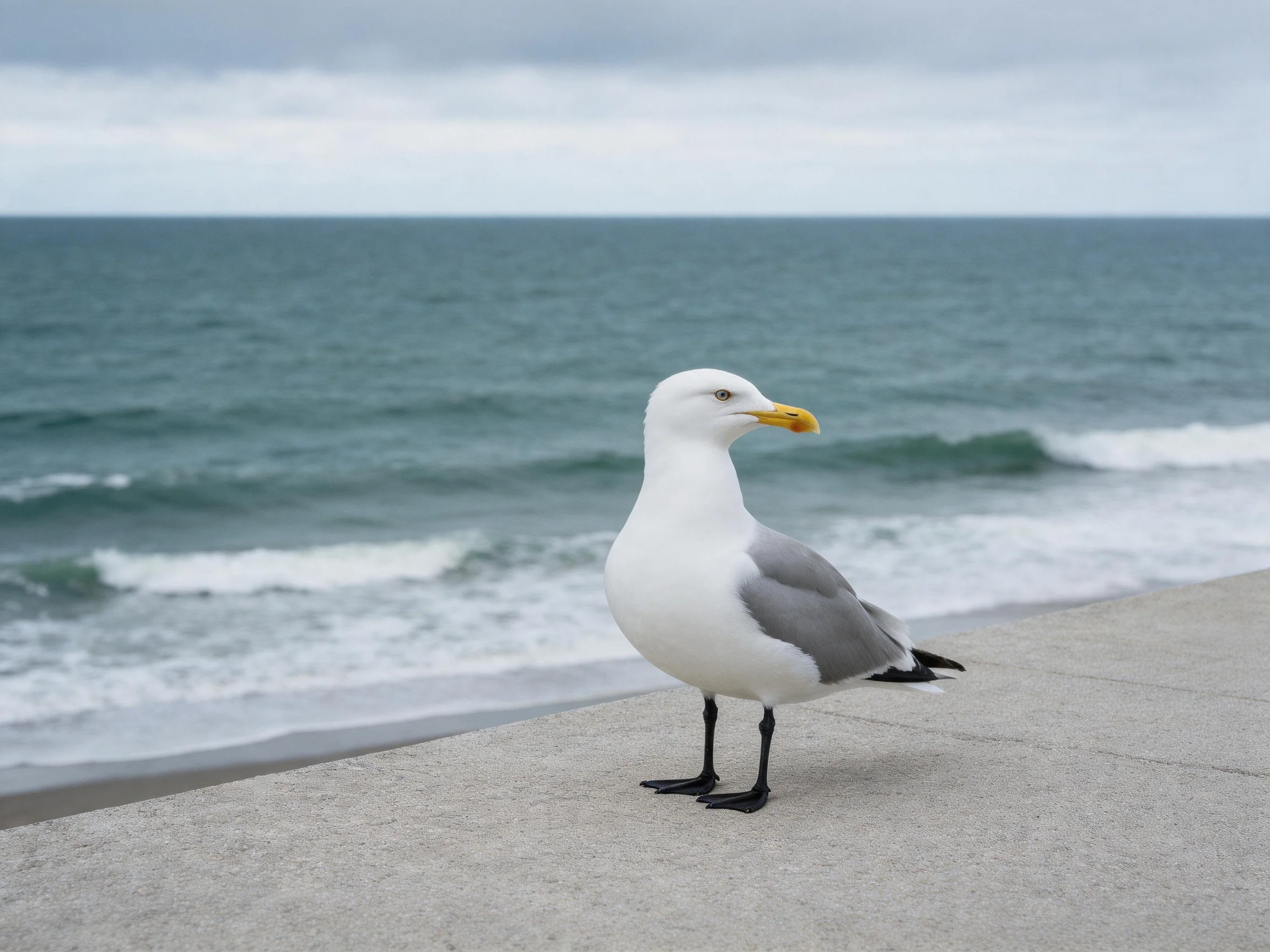 A seagull rests on a concrete ledge beside the ocean with waves nearby.