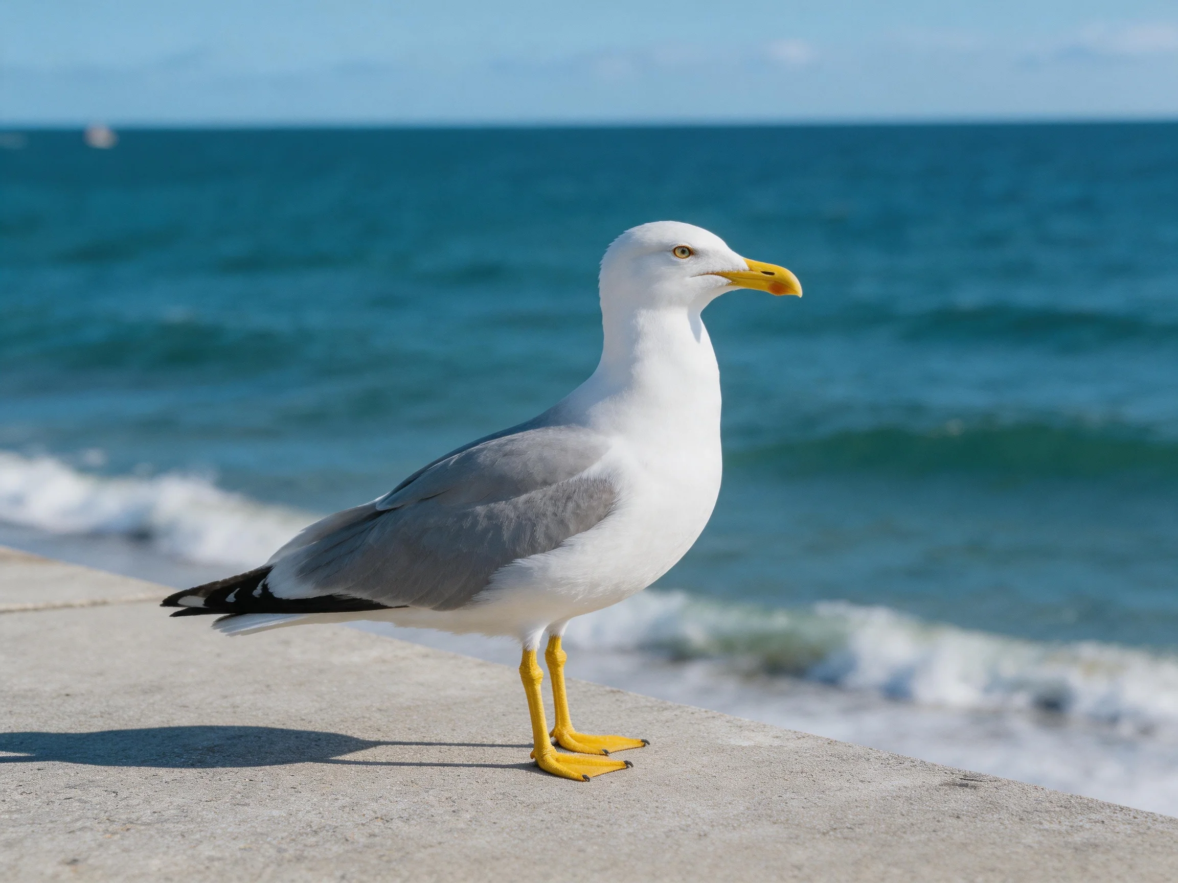A seagull perches on a concrete ledge by the blue ocean on a sunny day.
