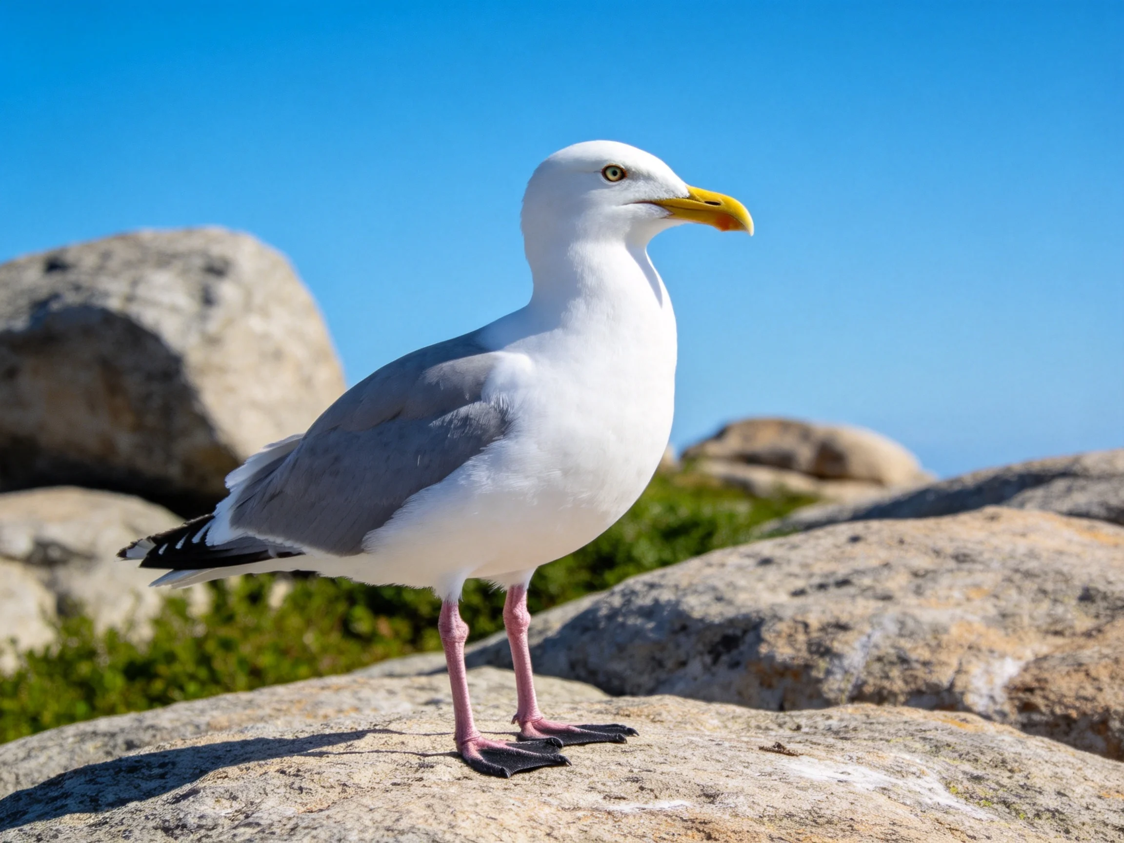 A white and gray seagull stands on large coastal rocks with greenery