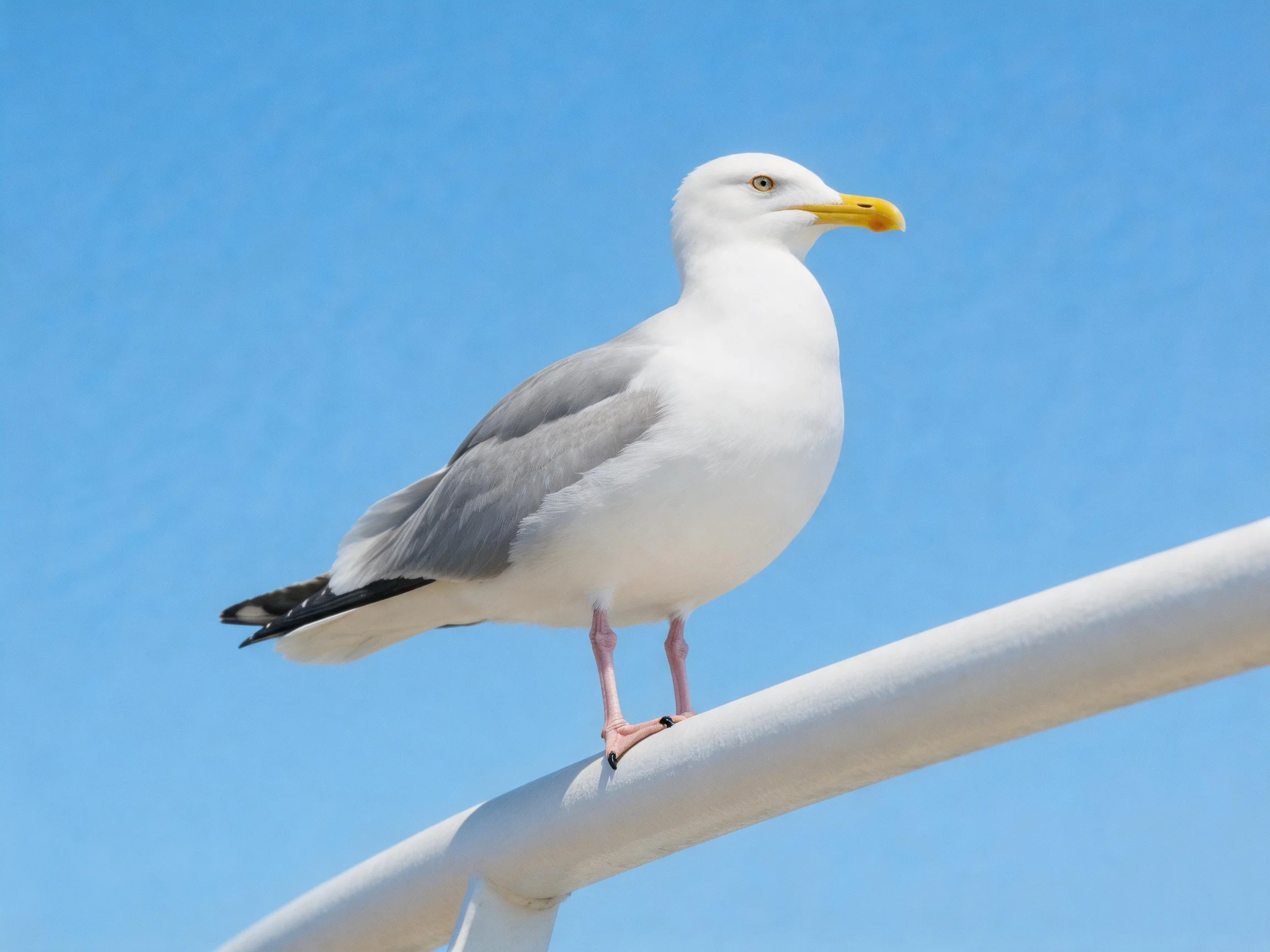 A white and gray seagull with a yellow beak perches on a white metal rail under clear blue sky