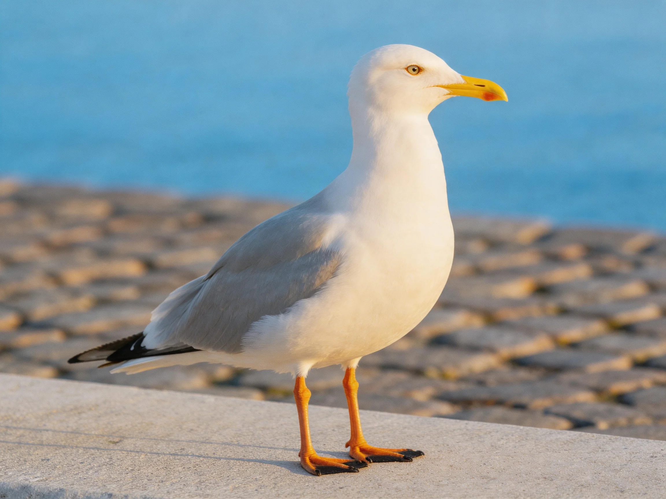 A seagull with white and gray plumage stands near a body of water.